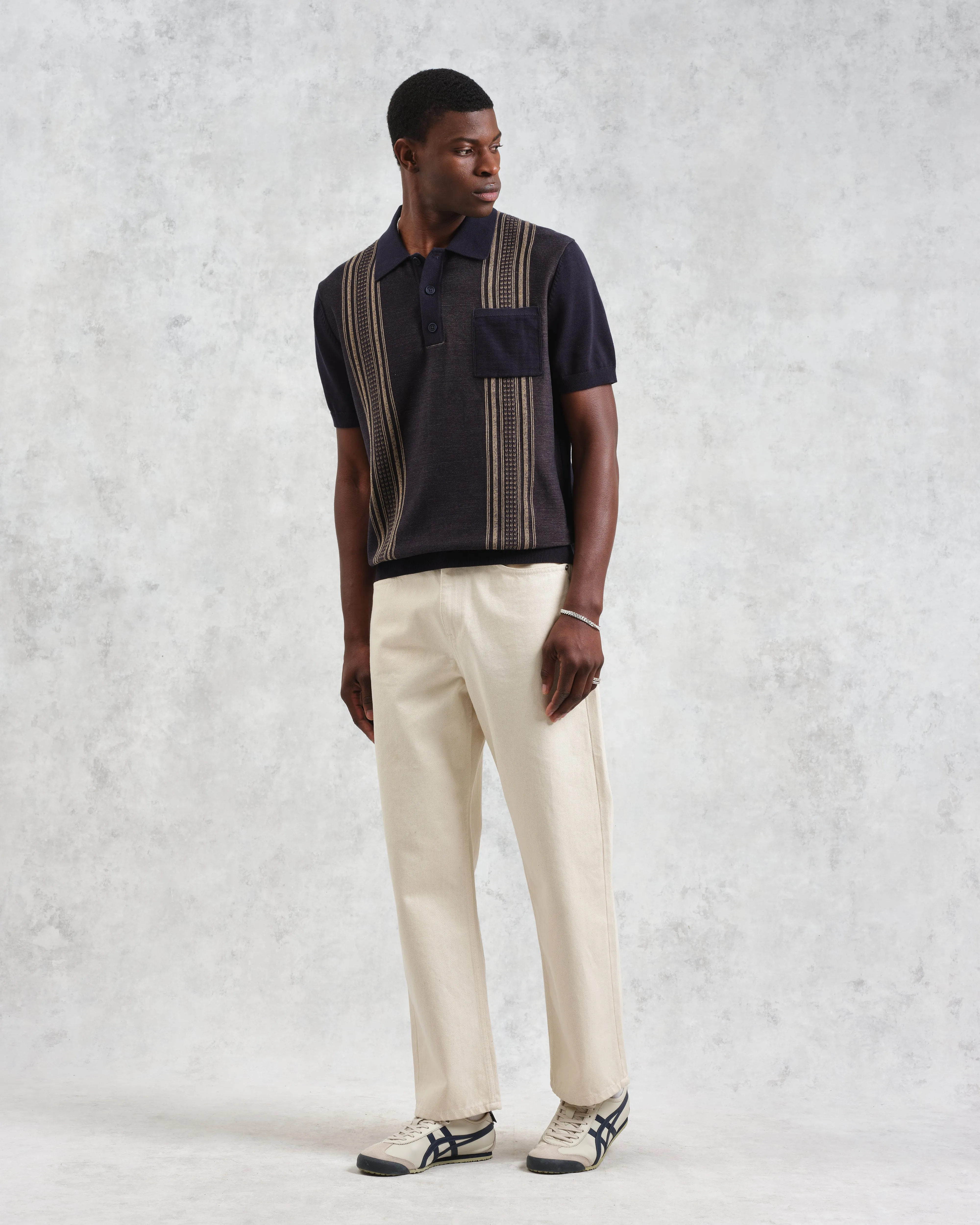 Turin - Navy And Khaki Retro Stripe Knitted Cotton Polo sold by Wax London product image thumbnail 4