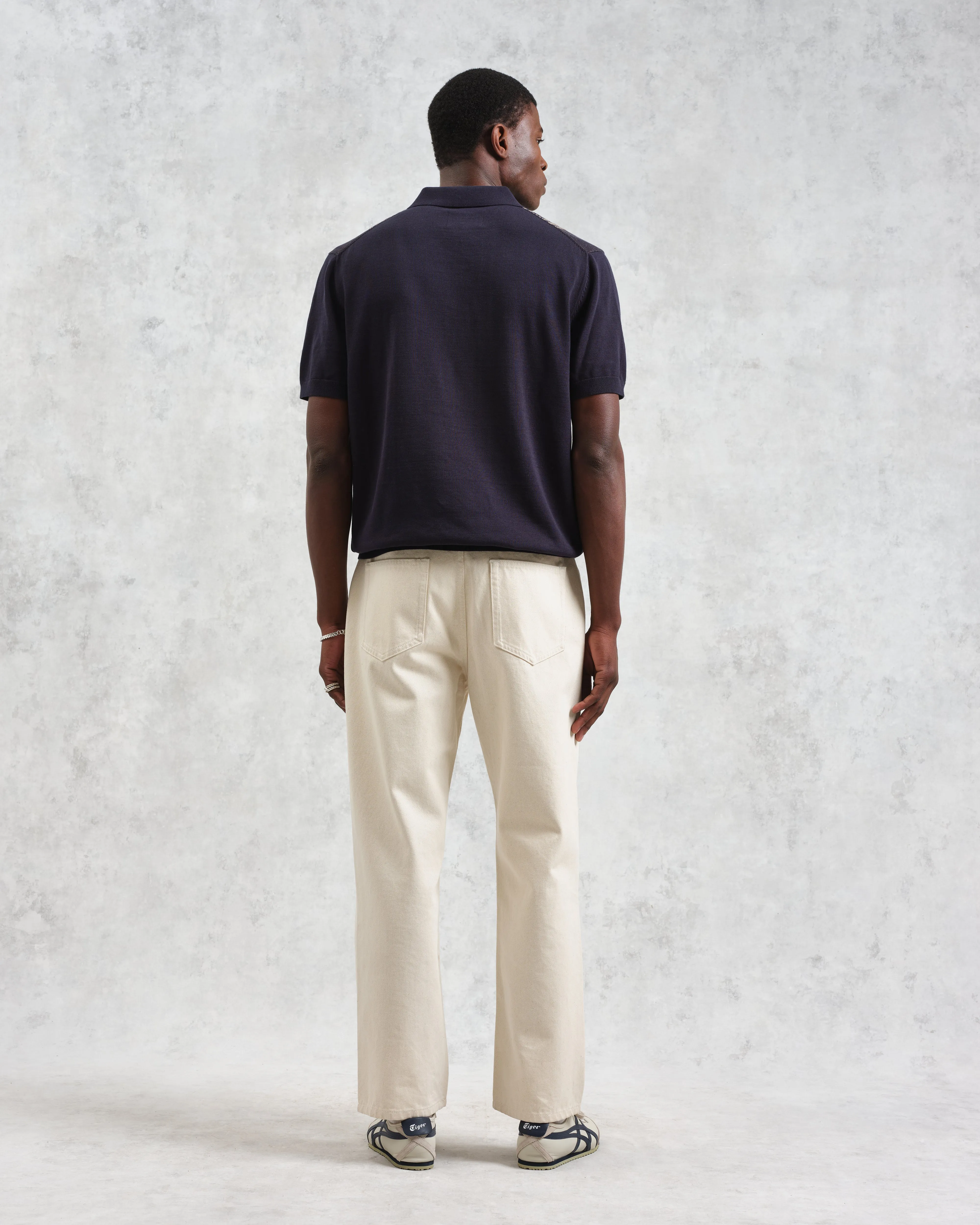 Turin - Navy And Khaki Retro Stripe Knitted Cotton Polo sold by Wax London product image thumbnail 5