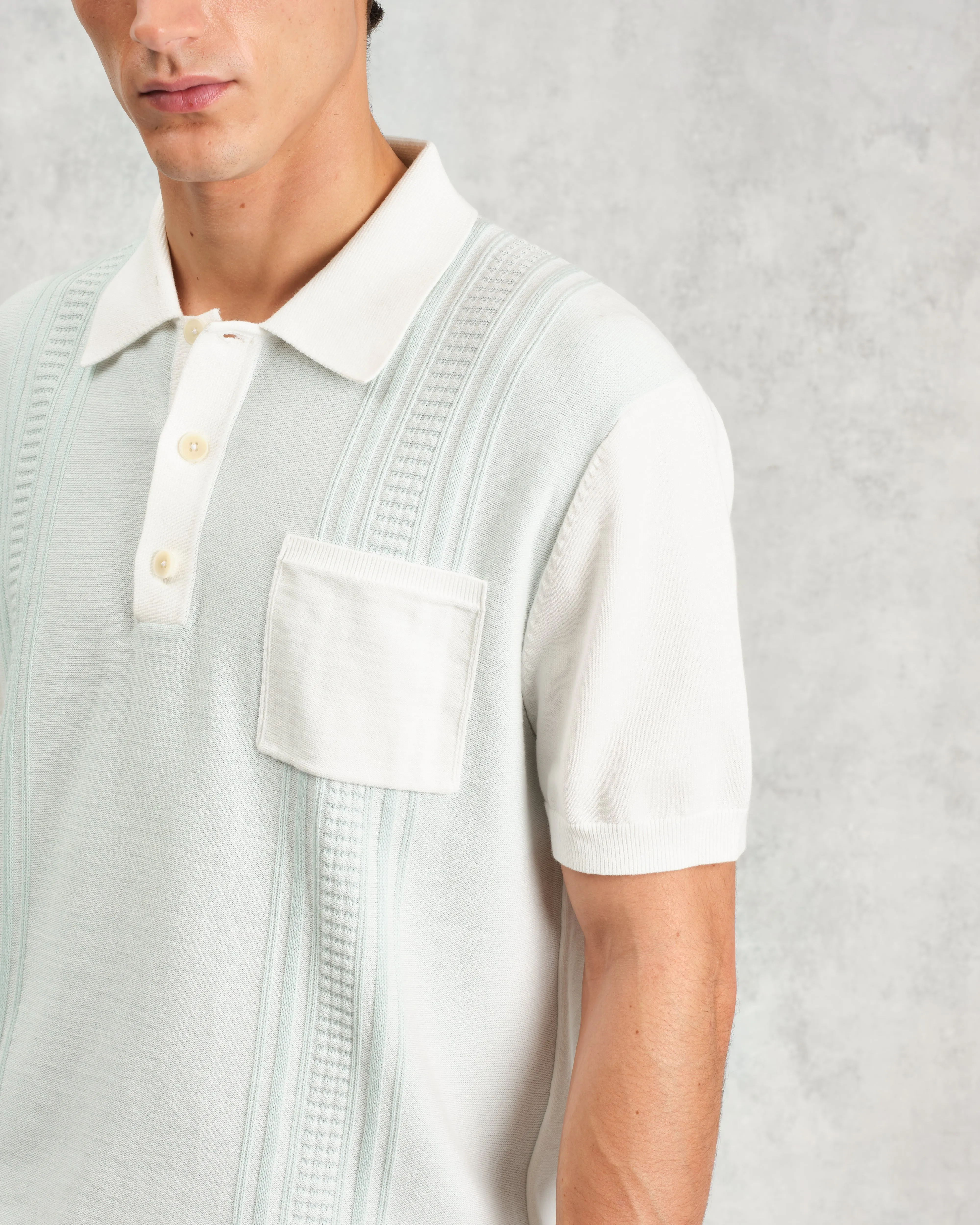 Turin - Blue And Ecru Retro Stripe Knitted Cotton Polo sold by Wax London product image thumbnail 3
