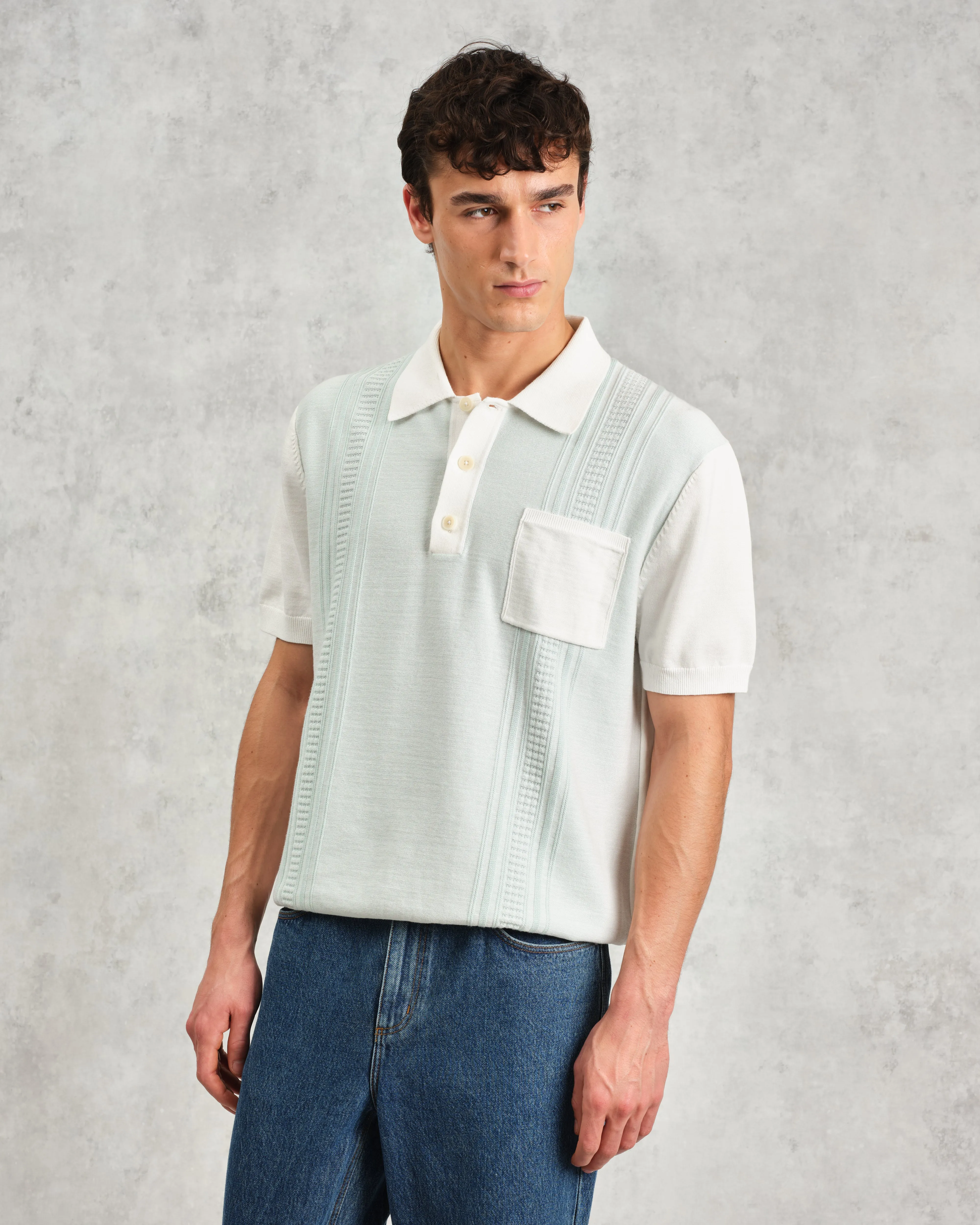 Turin - Blue And Ecru Retro Stripe Knitted Cotton Polo sold by Wax London product image thumbnail 2