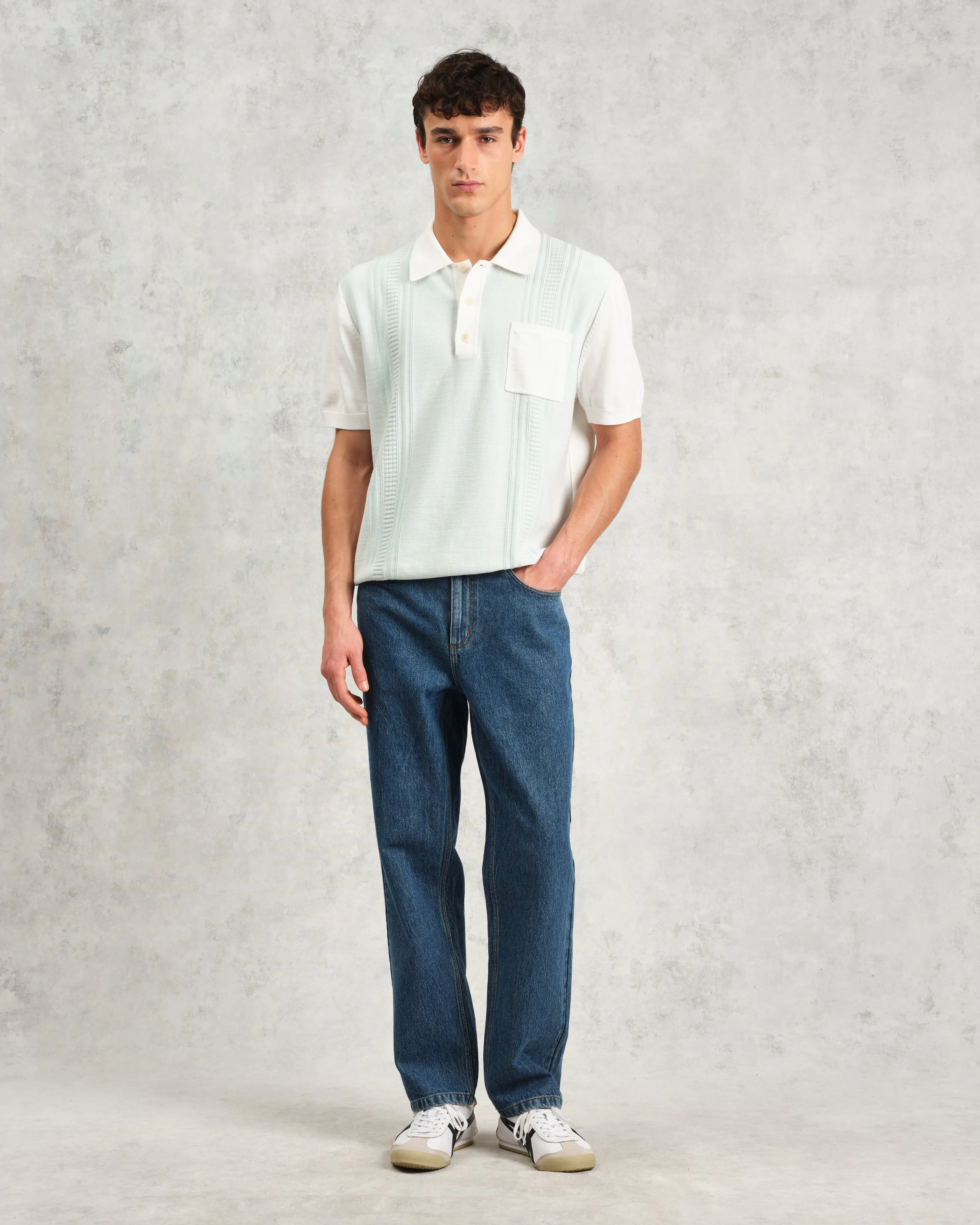Turin - Blue And Ecru Retro Stripe Knitted Cotton Polo sold by Wax London product image thumbnail 4