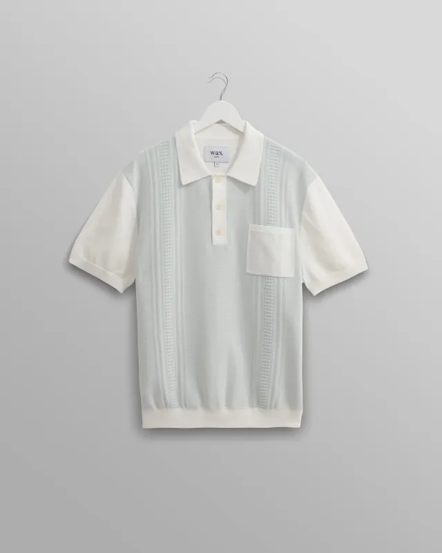 Turin - Blue And Ecru Retro Stripe Knitted Cotton Polo sold by Wax London
