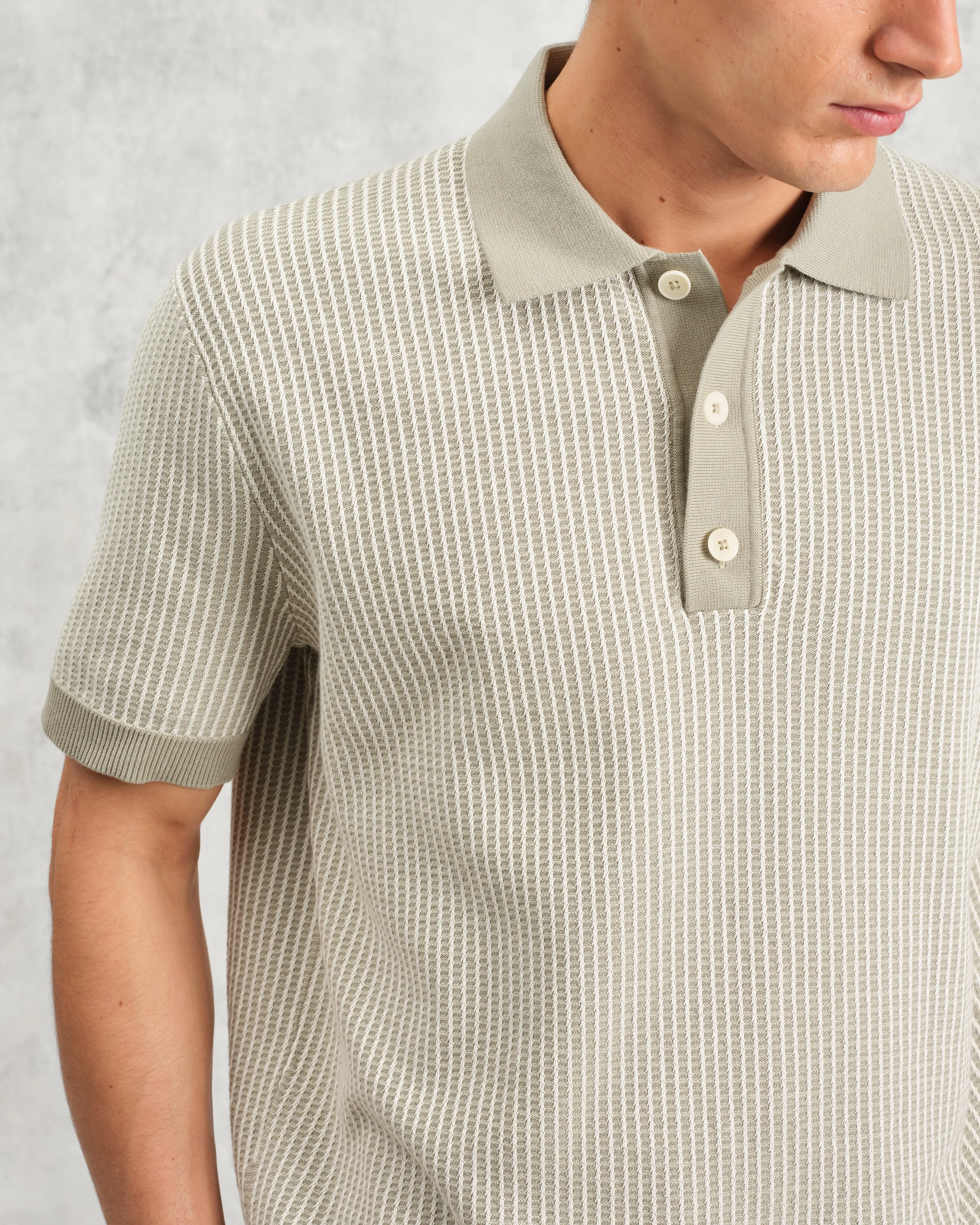 Turin - Light Khaki Ladder Stripe Knitted Cotton Polo sold by Wax London product image thumbnail 3