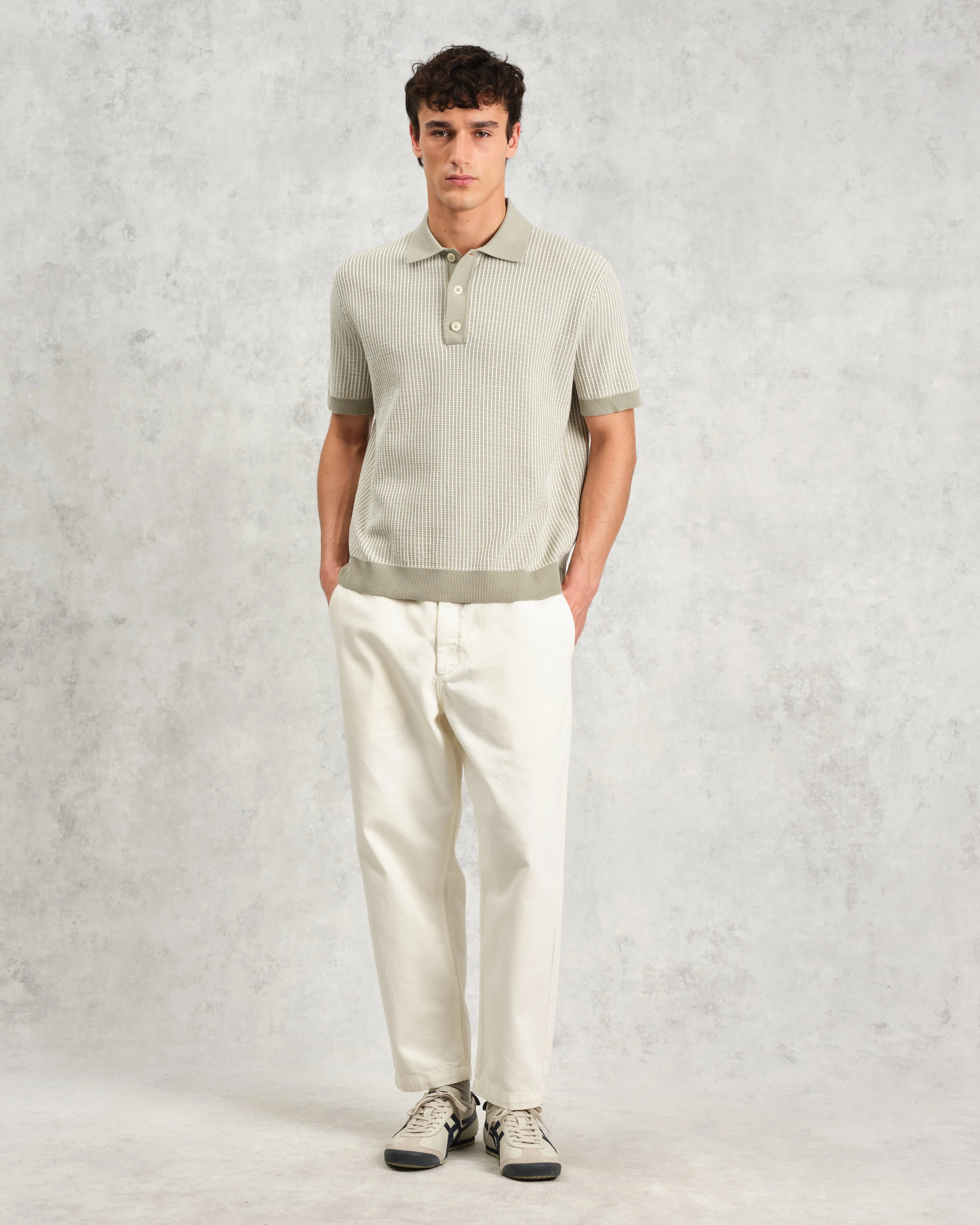 Turin - Light Khaki Ladder Stripe Knitted Cotton Polo sold by Wax London product image thumbnail 4