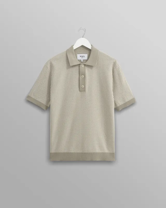 Turin - Light Khaki Ladder Stripe Knitted Cotton Polo sold by Wax London