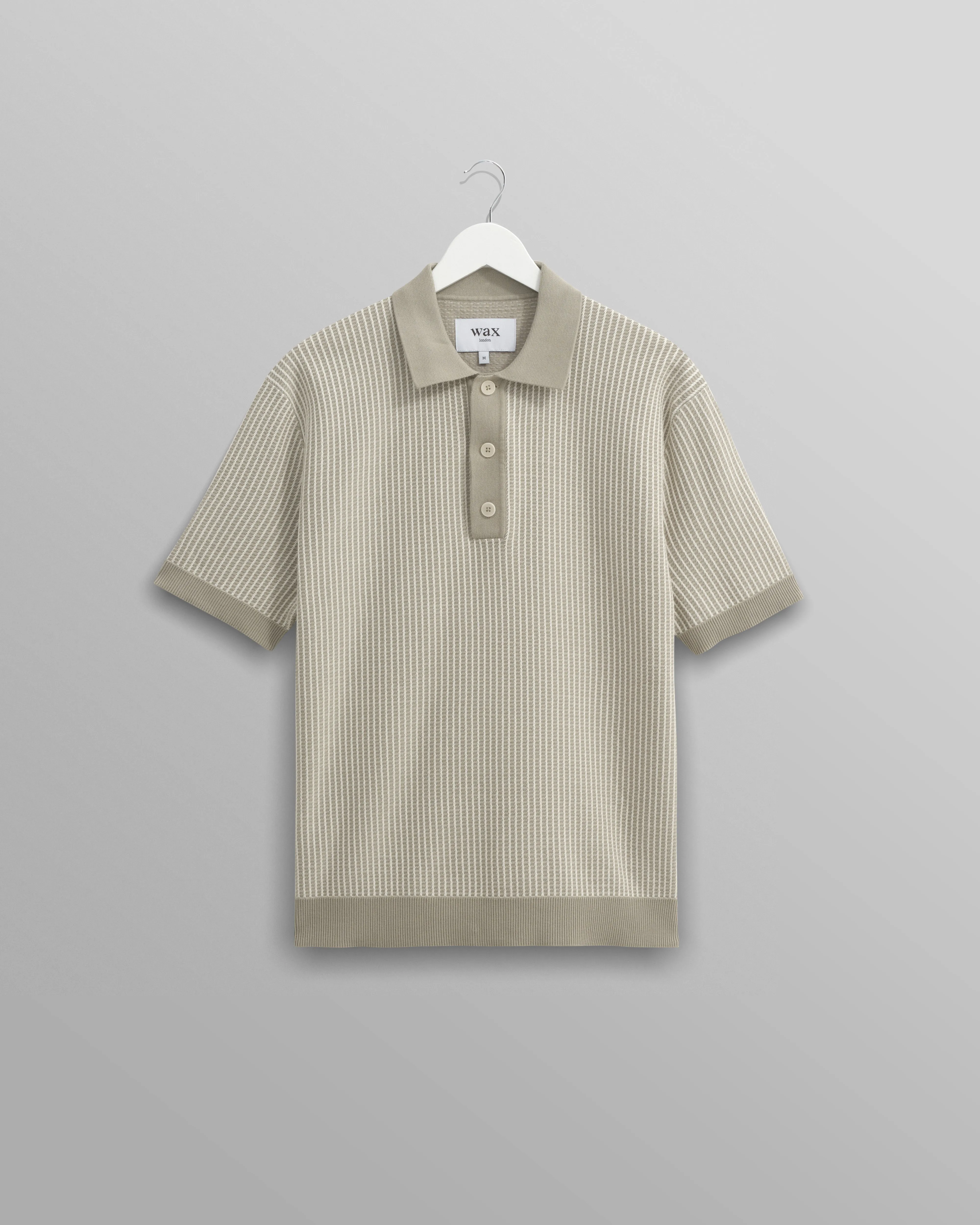 Turin - Light Khaki Ladder Stripe Knitted Cotton Polo sold by Wax London