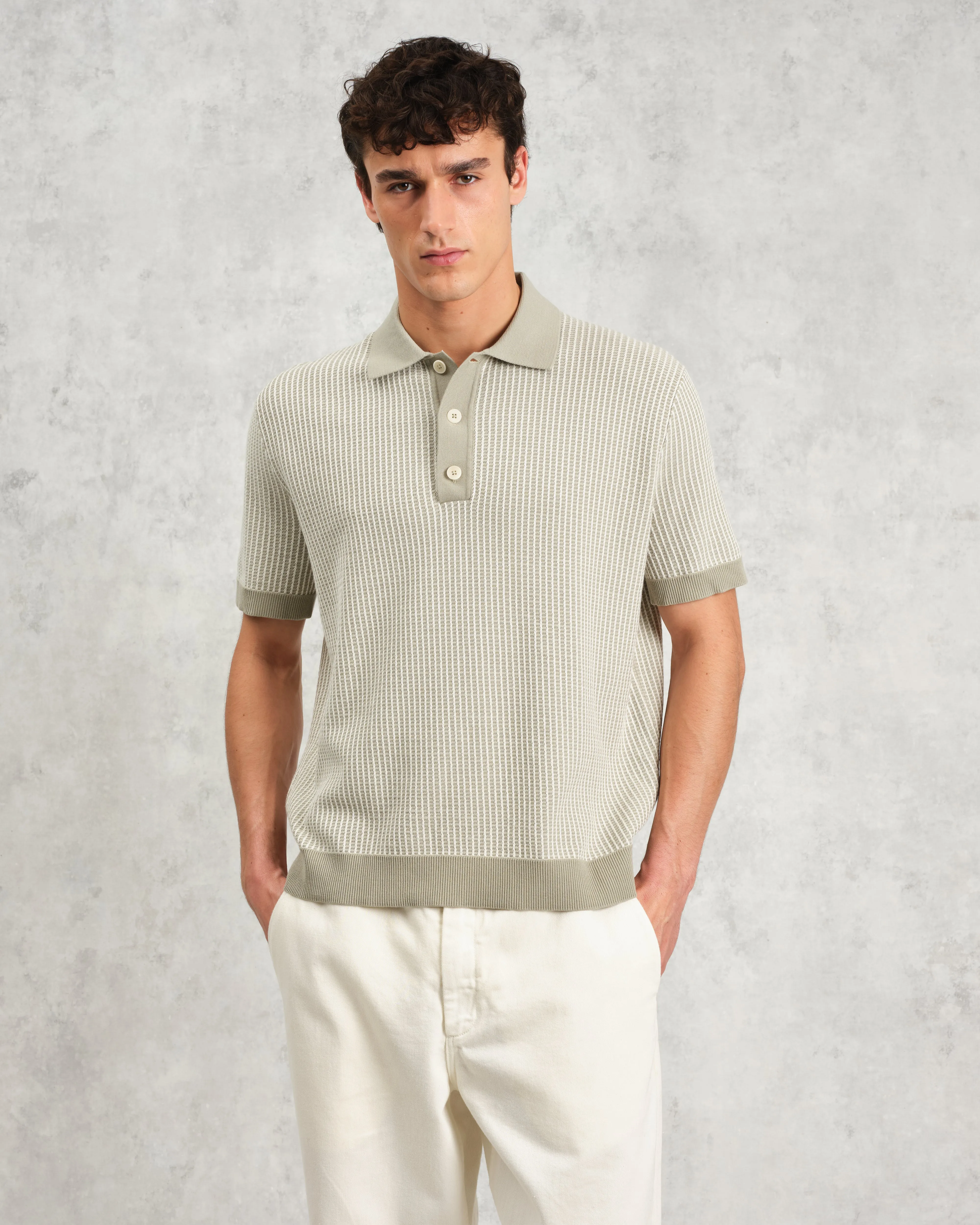 Turin - Light Khaki Ladder Stripe Knitted Cotton Polo sold by Wax London product image thumbnail 2