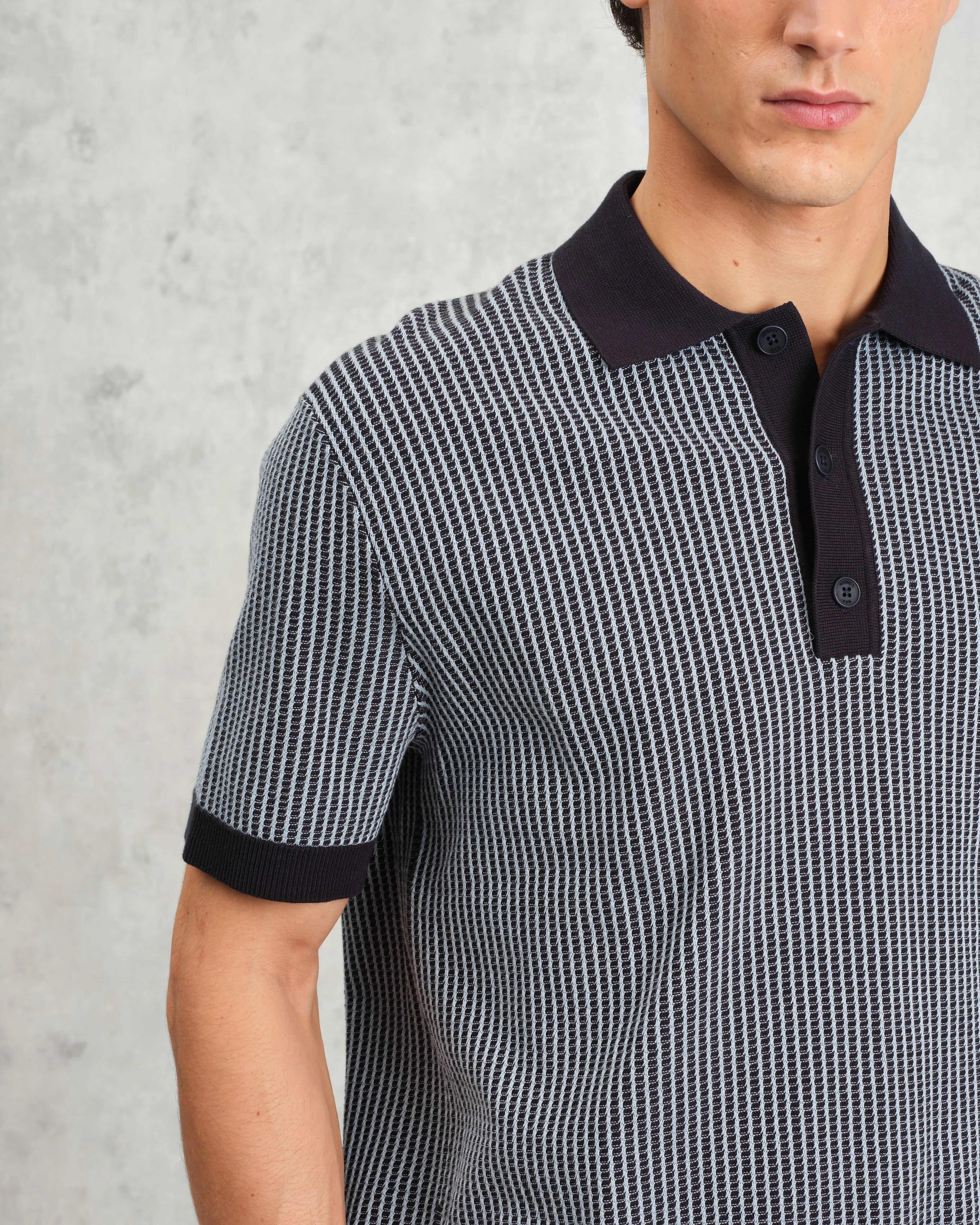 Turin - Navy Ladder Stripe Knitted Cotton Polo sold by Wax London product image thumbnail 3