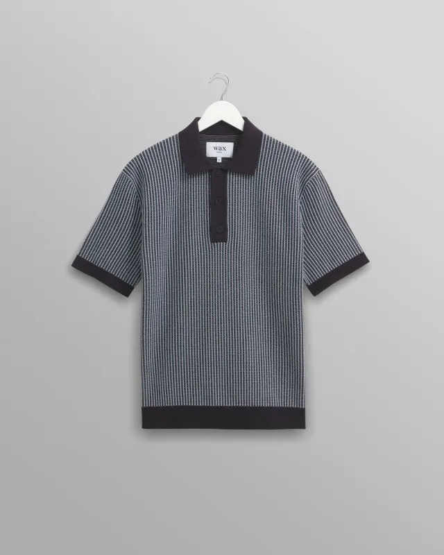 Turin - Navy Ladder Stripe Knitted Cotton Polo sold by Wax London