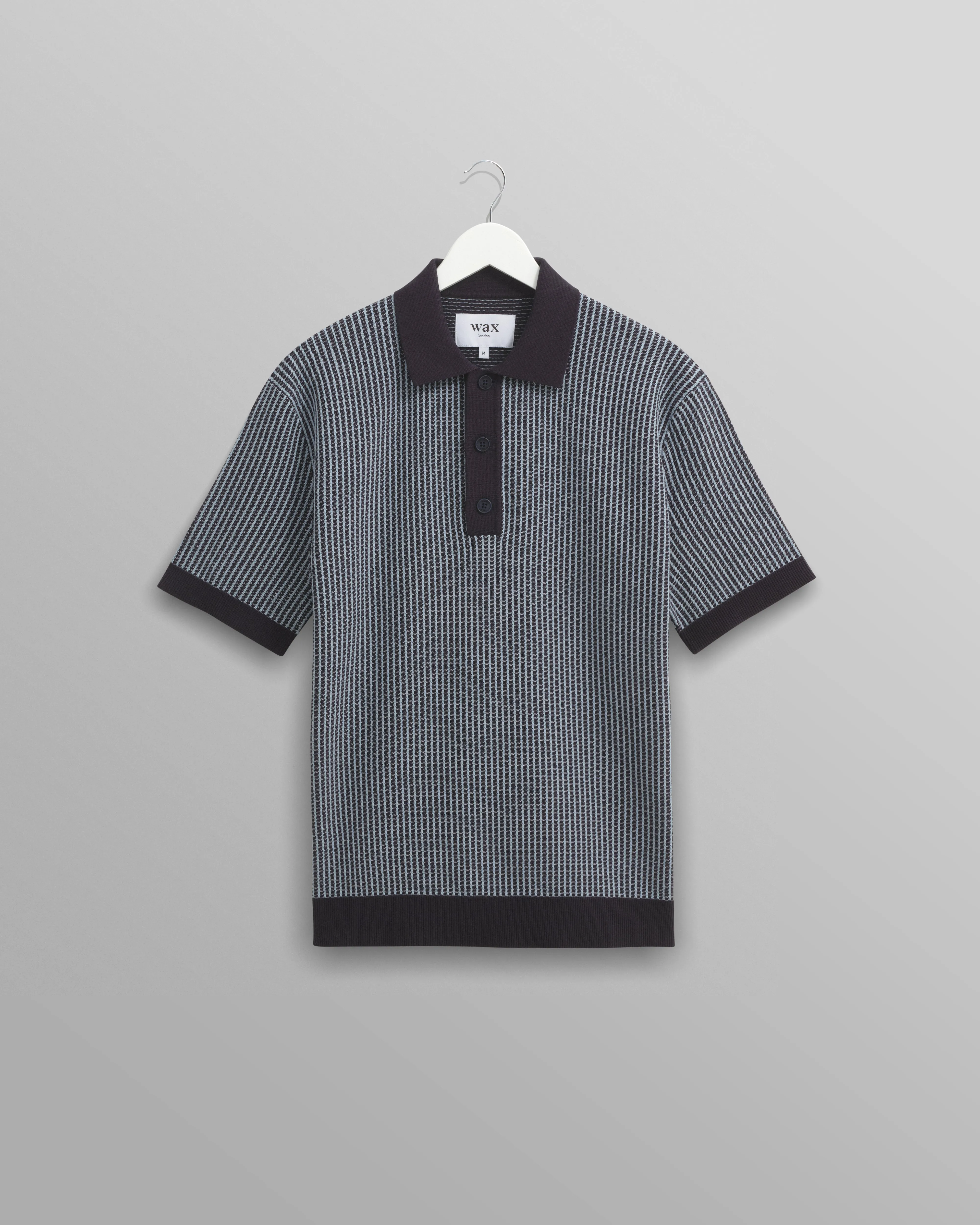 Turin - Navy Ladder Stripe Knitted Cotton Polo sold by Wax London