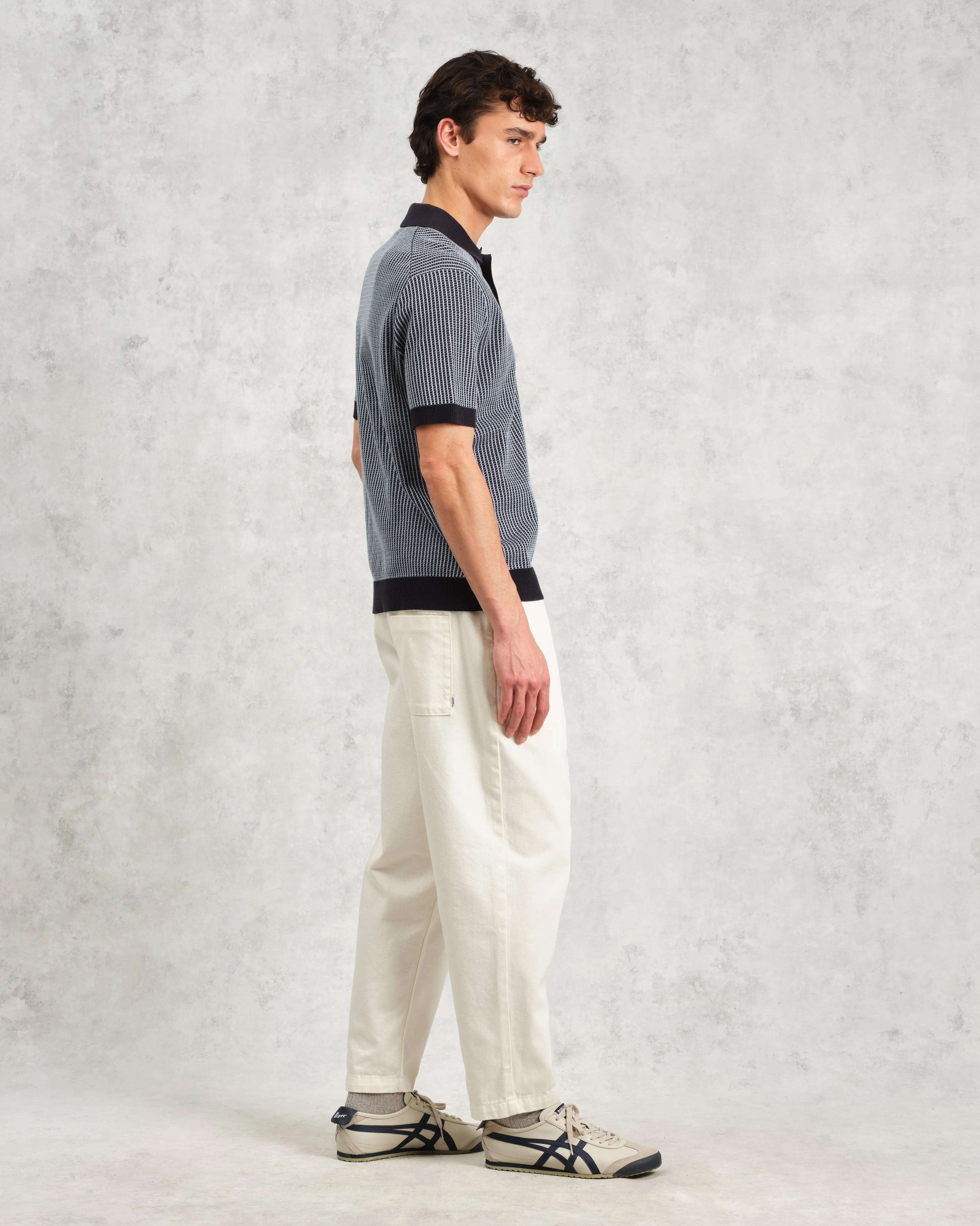 Turin - Navy Ladder Stripe Knitted Cotton Polo sold by Wax London product image thumbnail 5