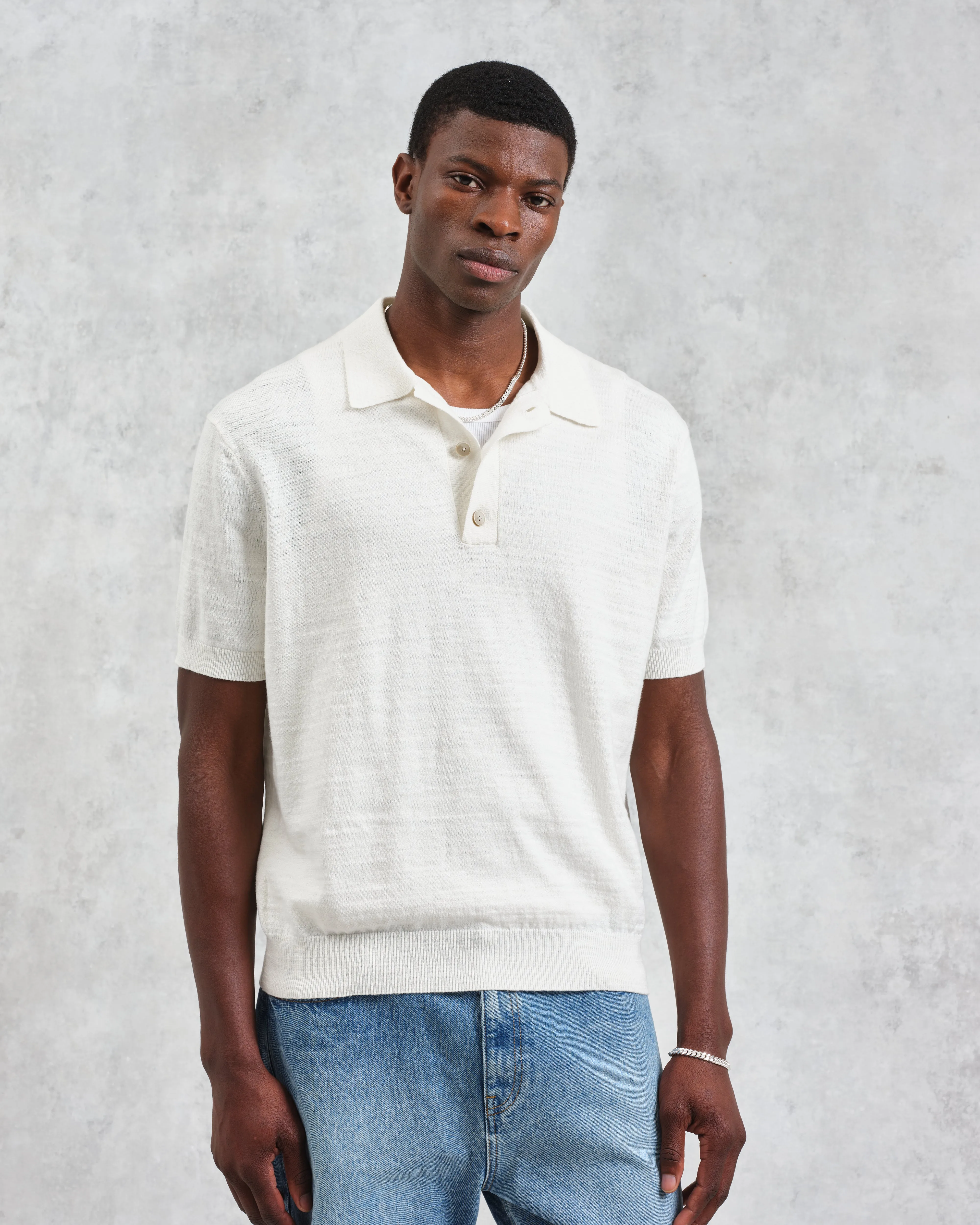 Turin - Ecru Slub Knitted Cotton-Linen Polo sold by Wax London product image thumbnail 2
