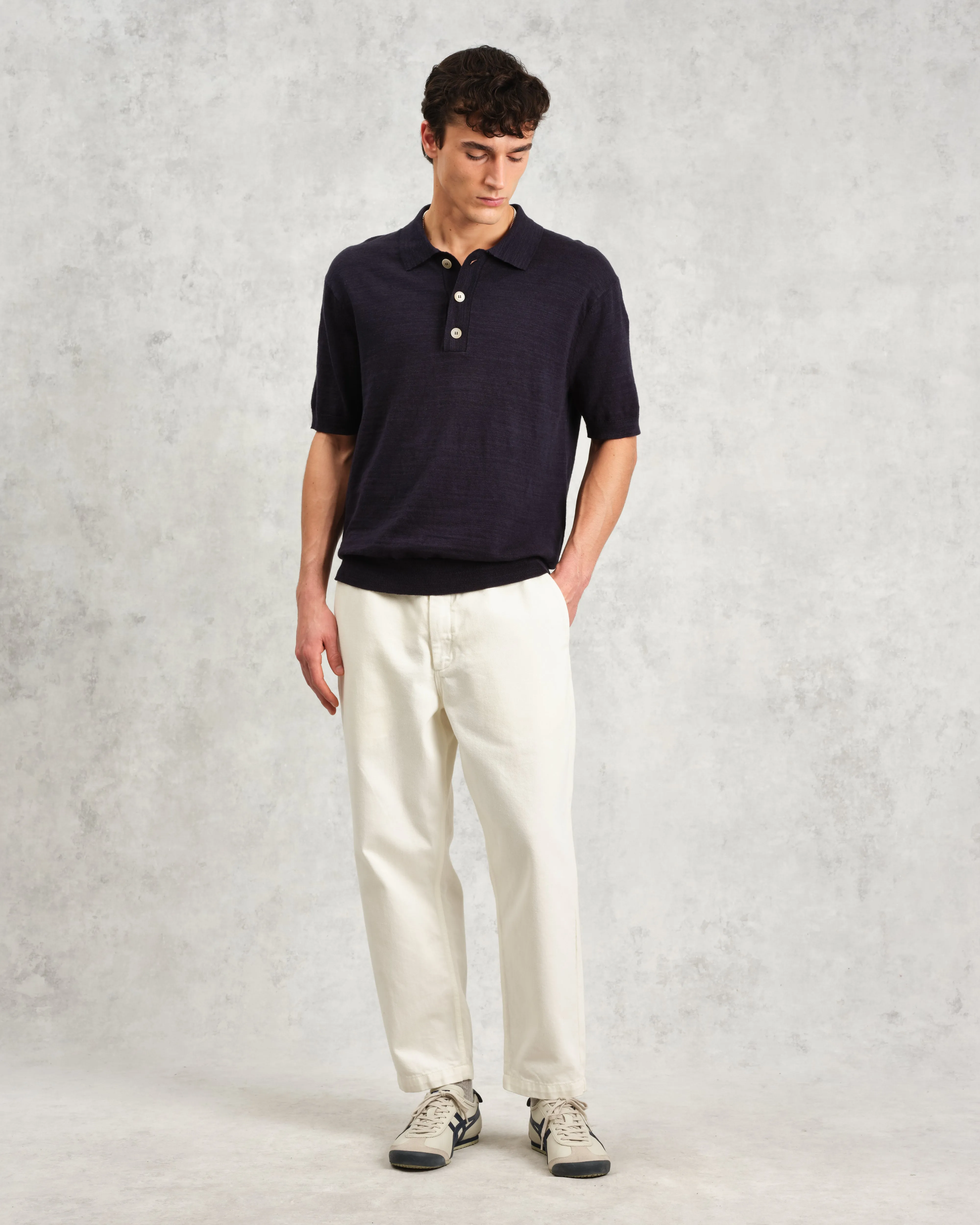 Turin - Navy Slub Knitted Cotton-Linen Polo sold by Wax London product image thumbnail 4