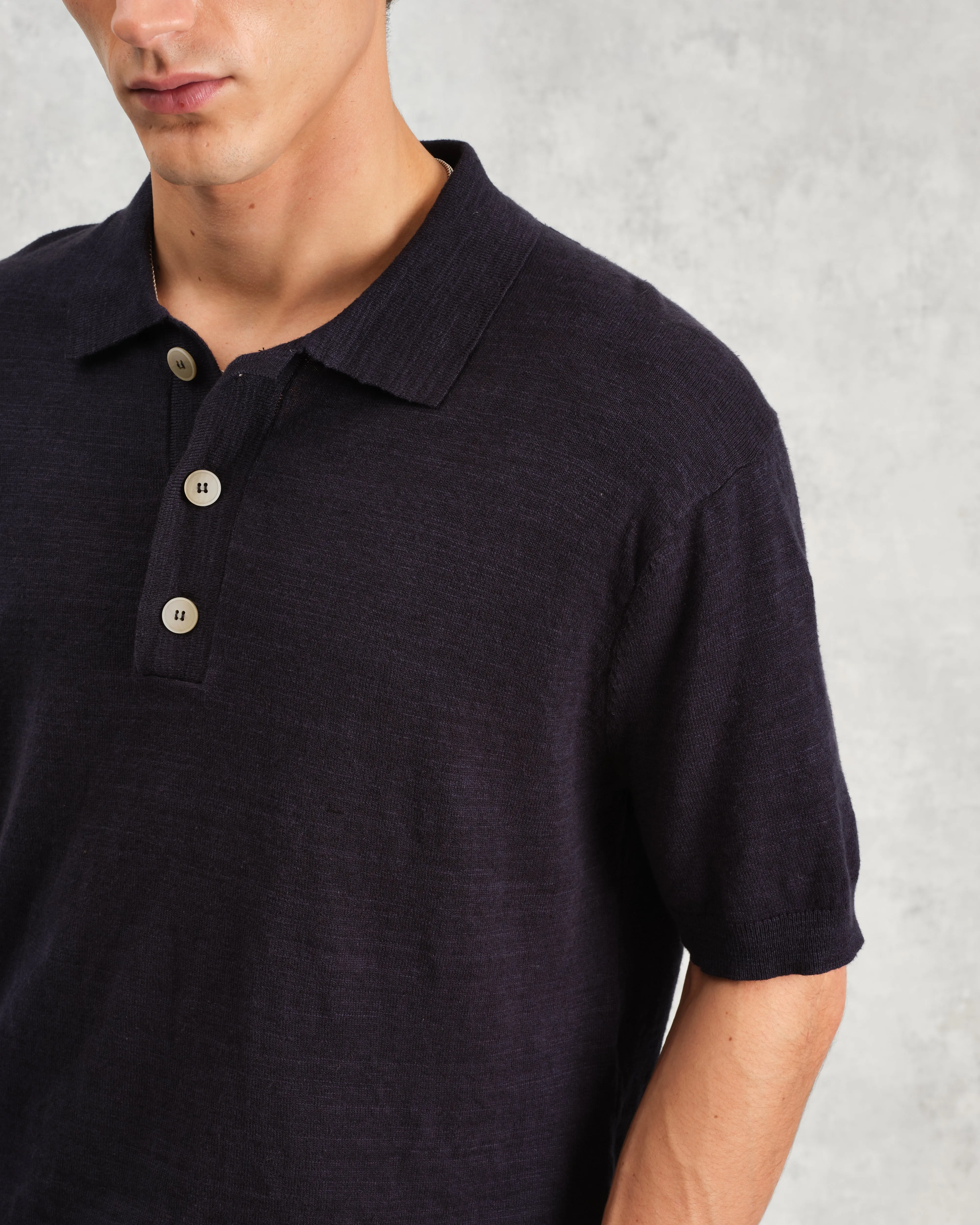 Turin - Navy Slub Knitted Cotton-Linen Polo sold by Wax London product image thumbnail 3