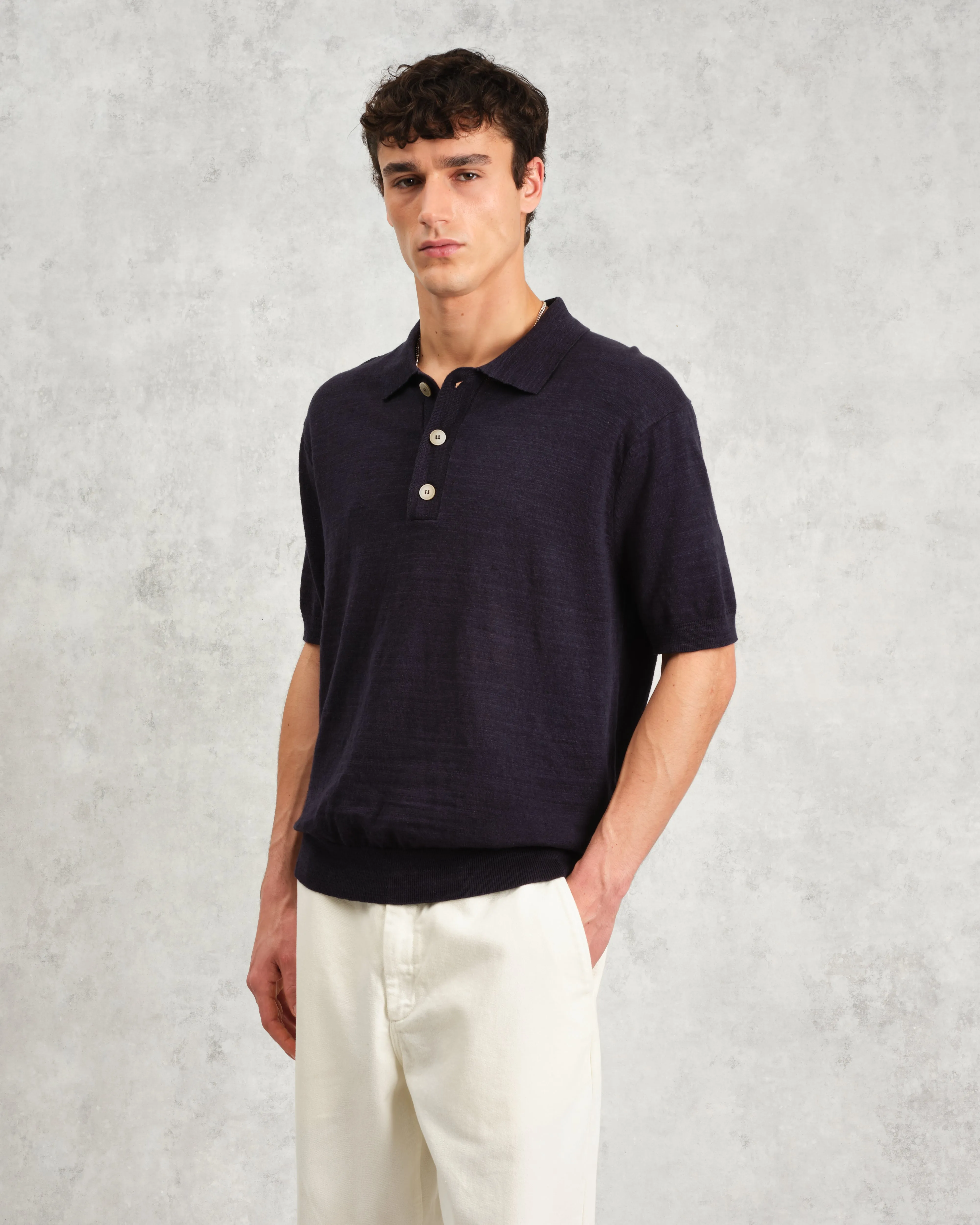 Turin - Navy Slub Knitted Cotton-Linen Polo sold by Wax London product image thumbnail 2