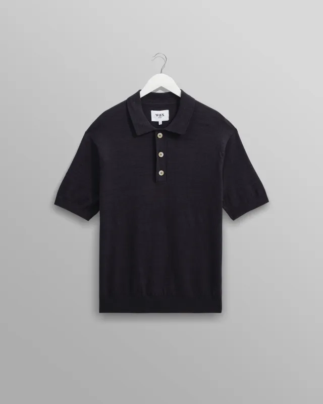 Turin - Navy Slub Knitted Cotton-Linen Polo sold by Wax London