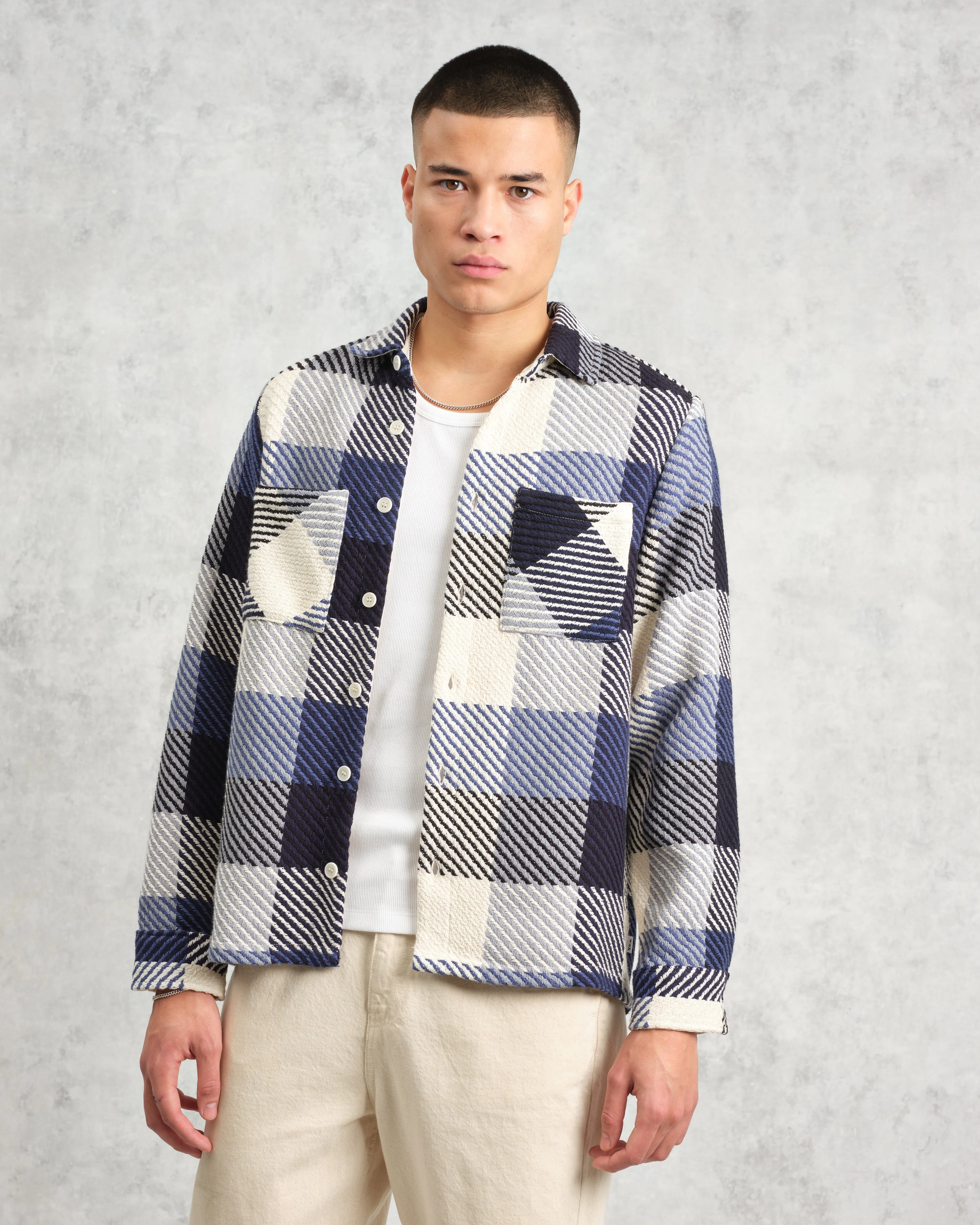 Whiting - Navy And Ecru Block Check Overshirt sold by Wax London product image thumbnail 2