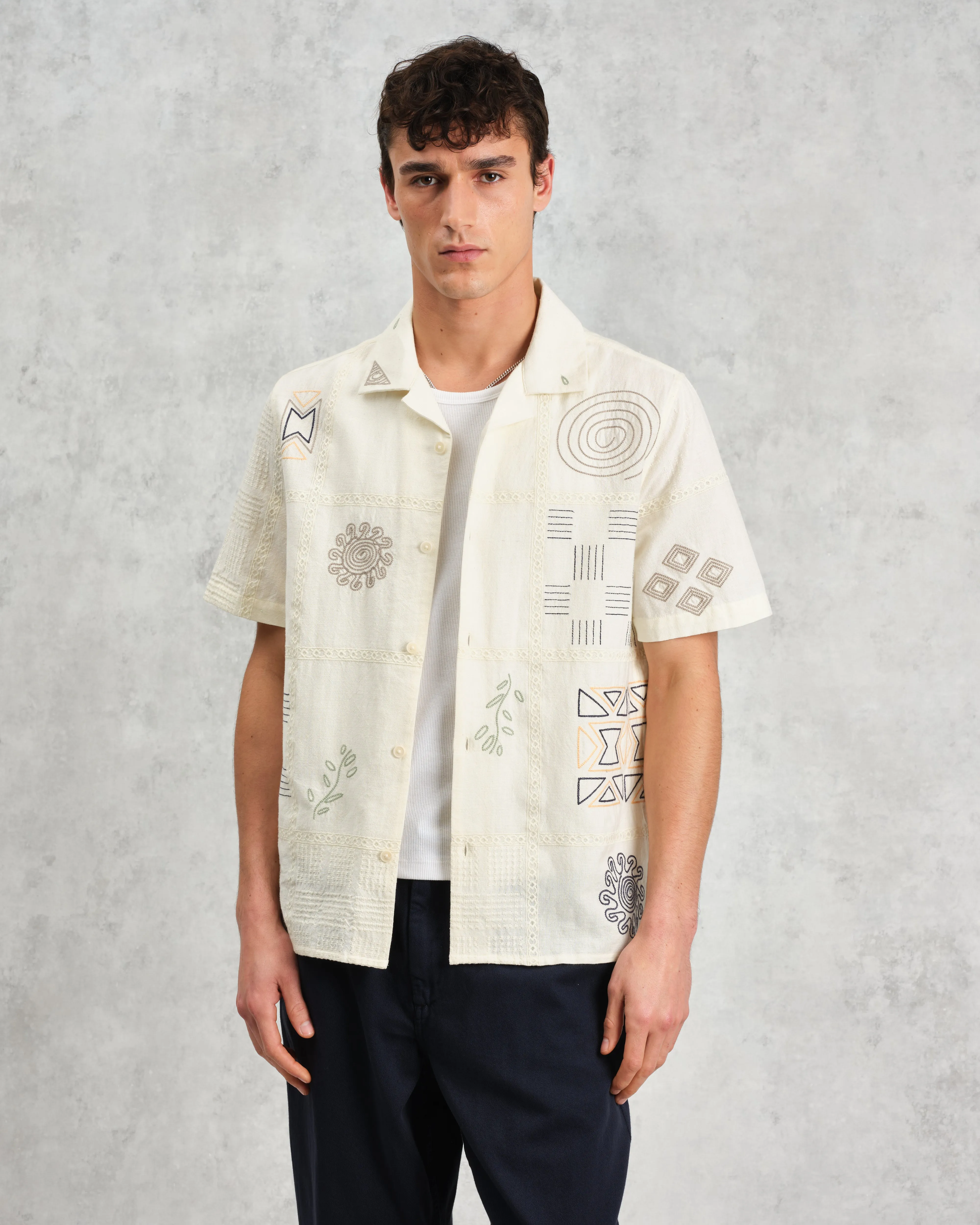 Didcot - Ecru Doodle Embroidered Short-Sleeve Shirt sold by Wax London product image thumbnail 3
