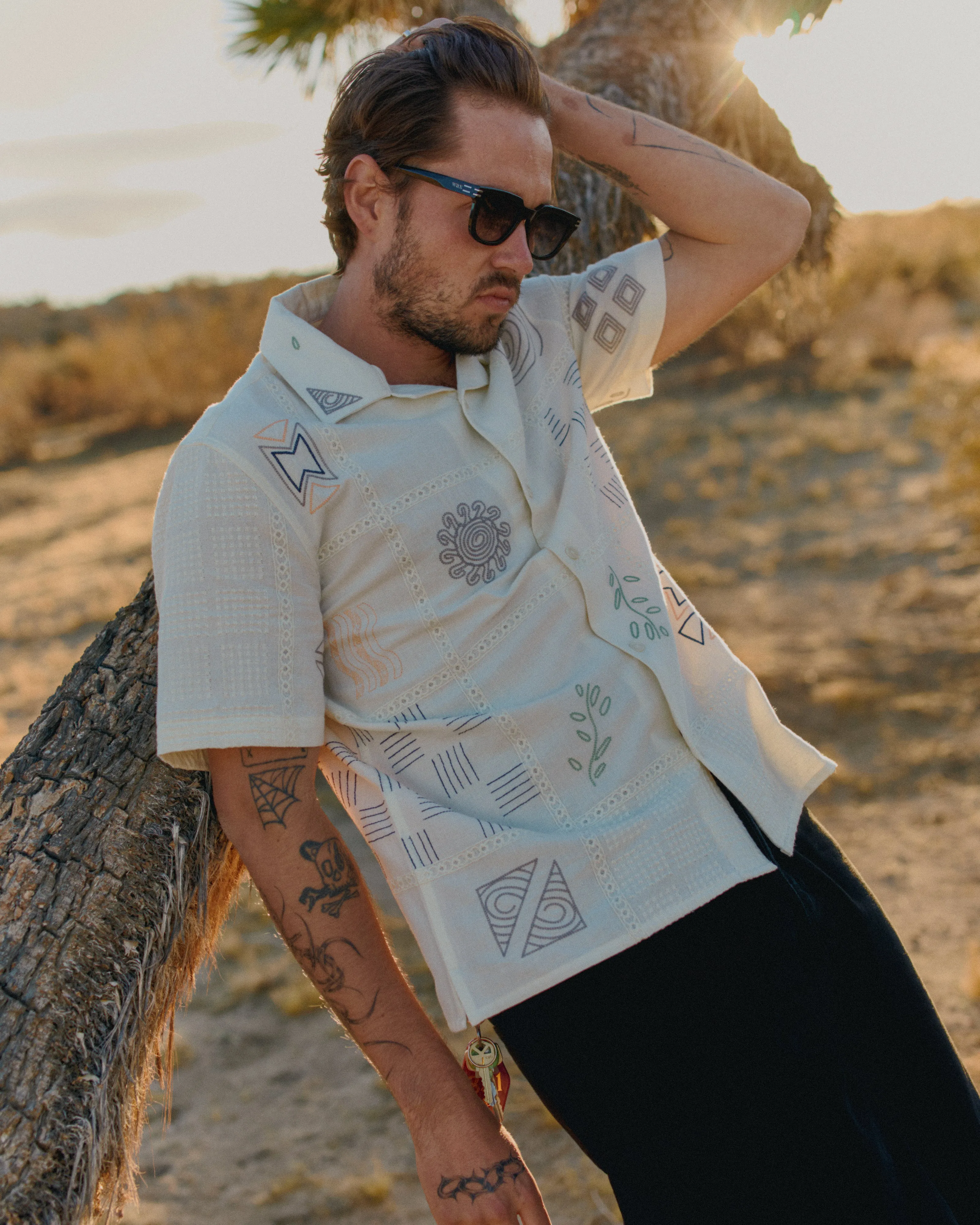 Didcot - Ecru Doodle Embroidered Short-Sleeve Shirt sold by Wax London product image thumbnail 2