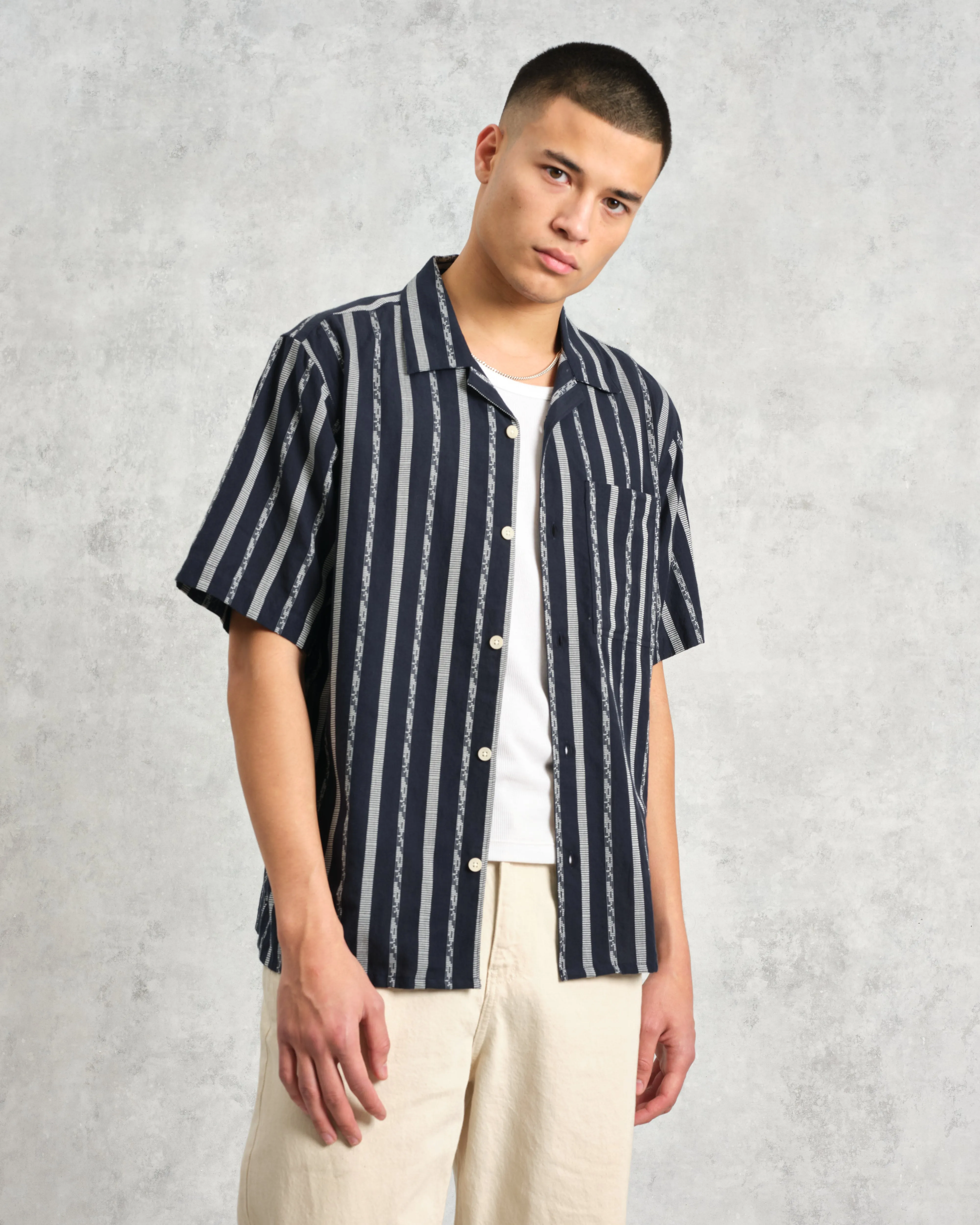 Didcot - Navy Fleck Stripe Short-Sleeve Shirt sold by Wax London product image thumbnail 2