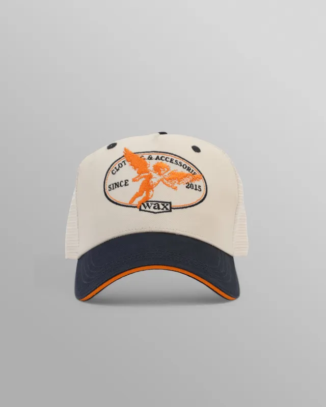 Dale - Ecru And Navy Cherub Trucker Cap made by Wax London