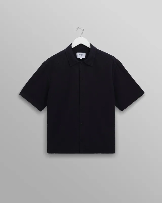 Keats - Navy Cotton Seersucker Short-Sleeve Shirt made by Wax London
