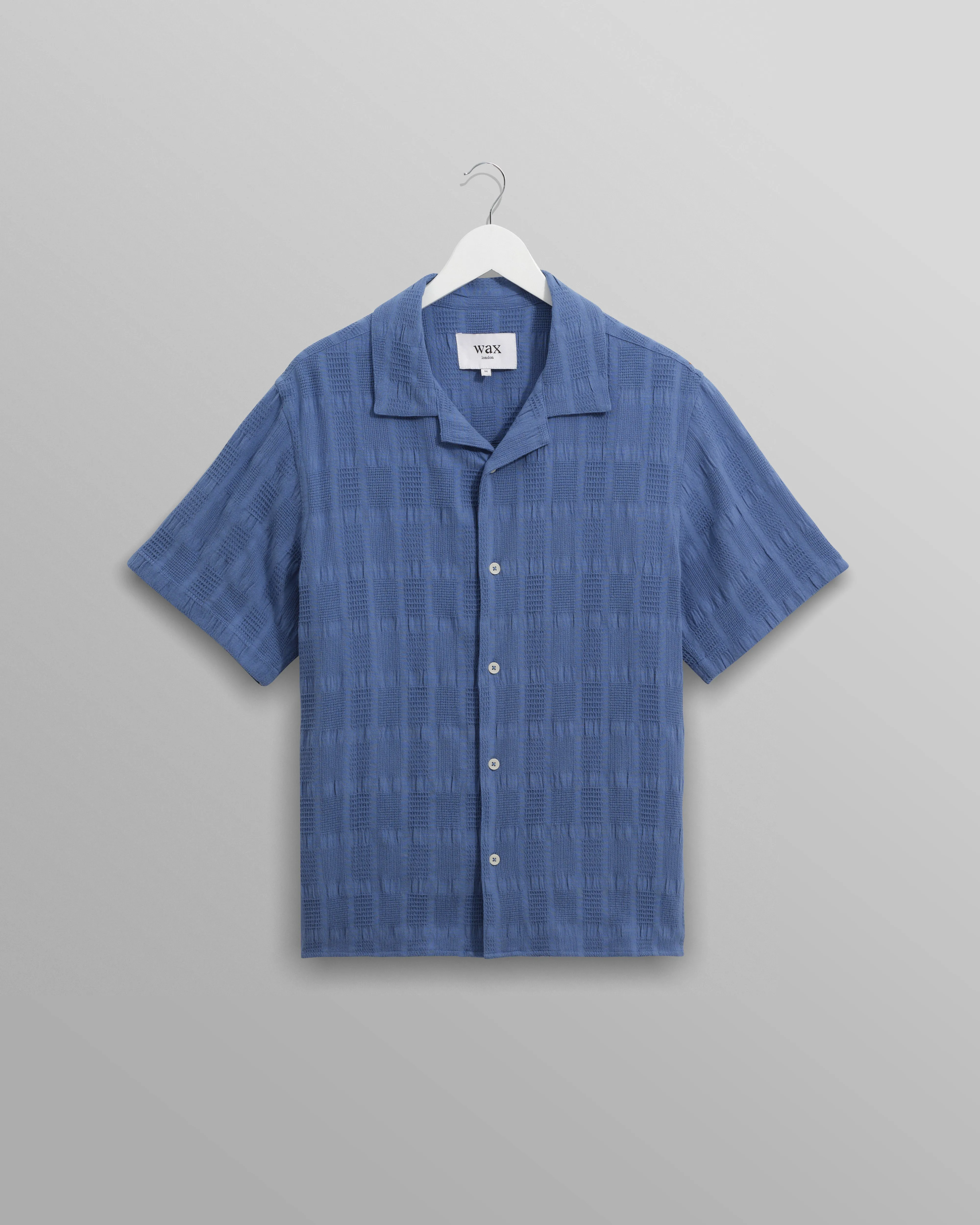 Didcot - Mid-Blue Waffle Seersucker Cotton Short-Sleeve Shirt sold by Wax London