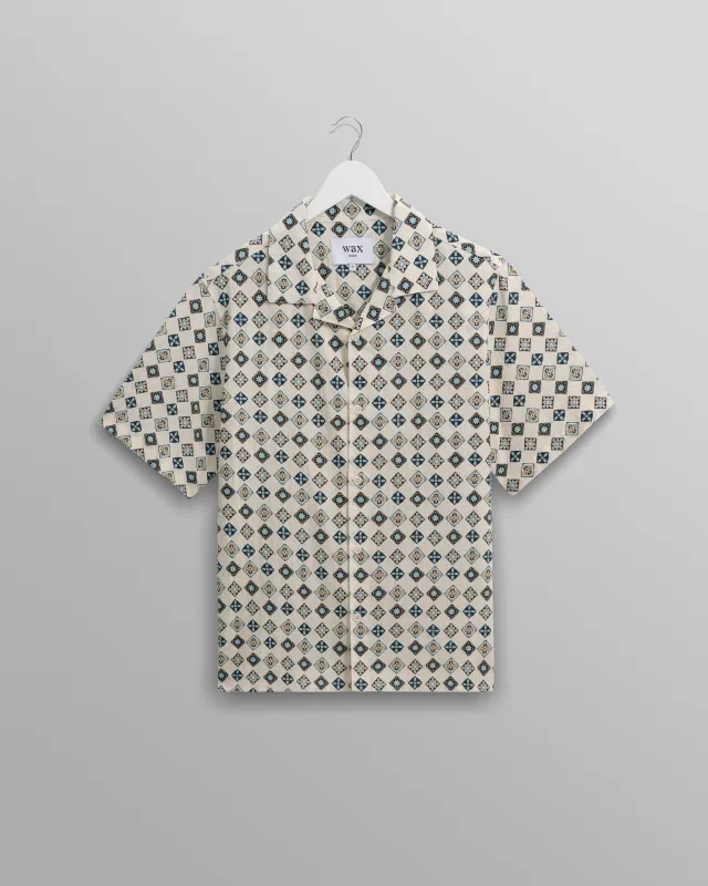 Didcot - Ecru And Multicolour Geometric Tile Seersucker Short-Sleeve Shirt sold by Wax London