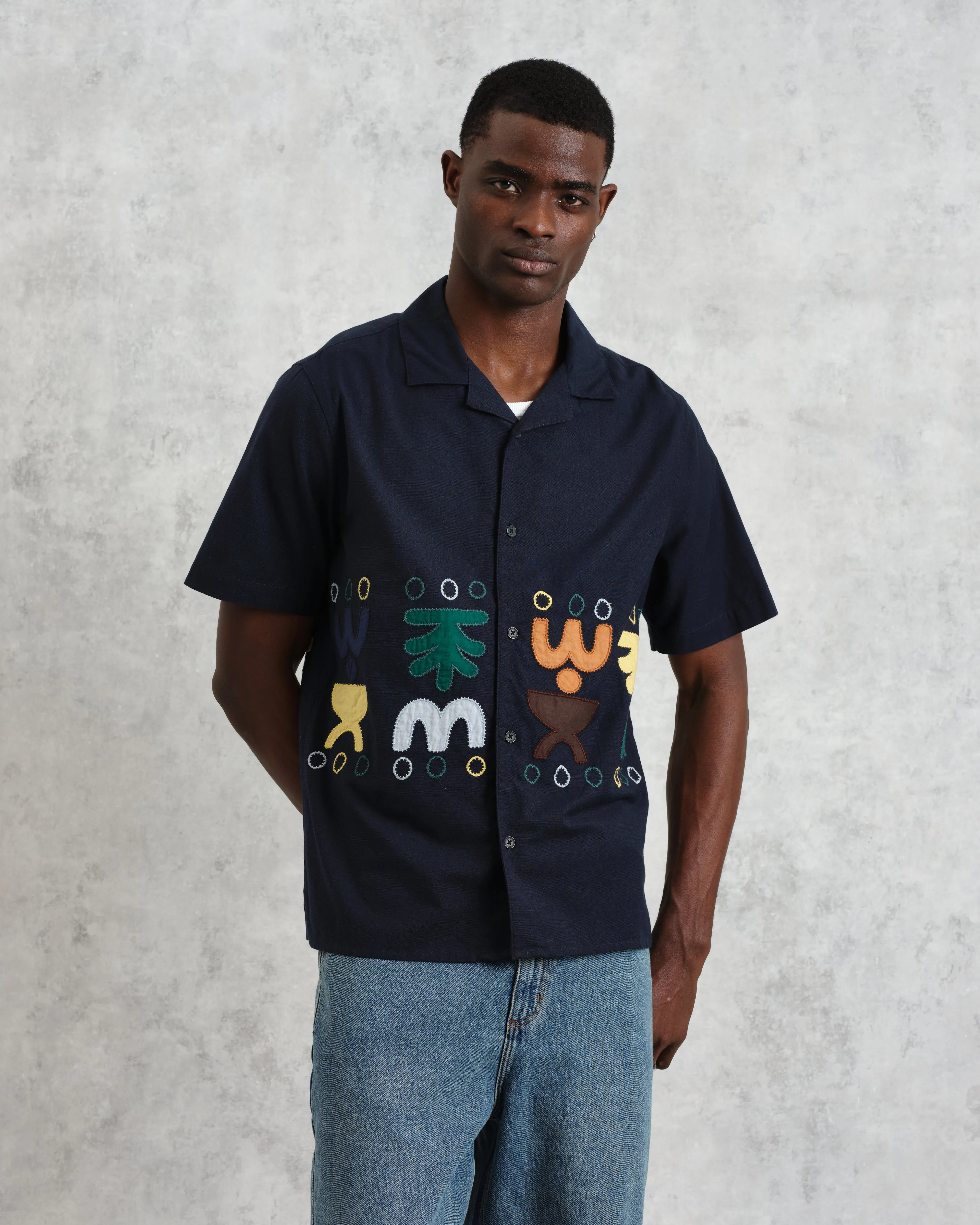 Didcot - Navy And Multicolour Bold Doodle Applique Short-Sleeve Shirt sold by Wax London product image thumbnail 2