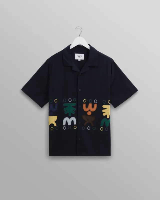 Didcot - Navy And Multicolour Bold Doodle Applique Short-Sleeve Shirt sold by Wax London