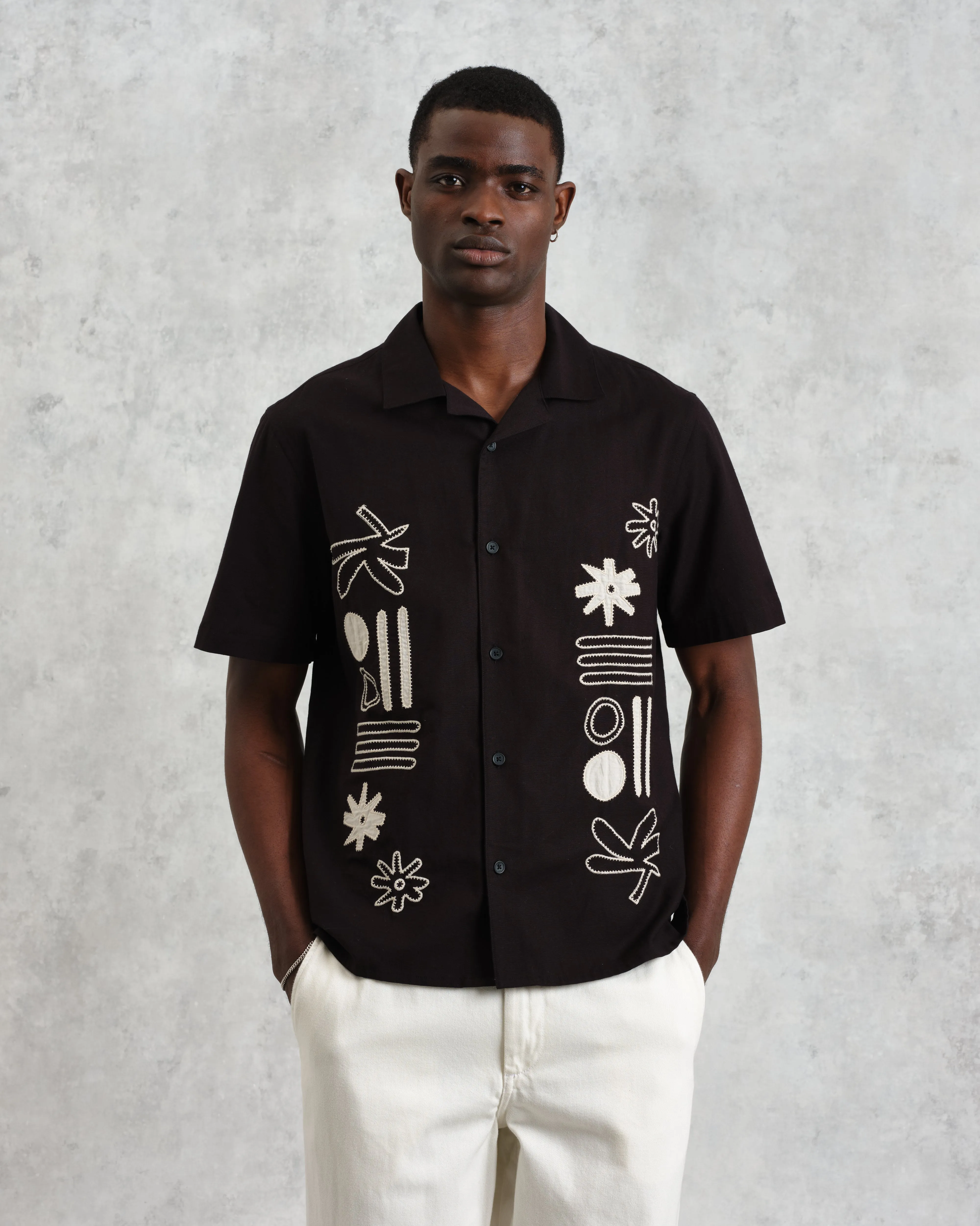 Didcot - Black And Ecru Abstract Applique Short-Sleeve Shirt sold by Wax London product image thumbnail 2