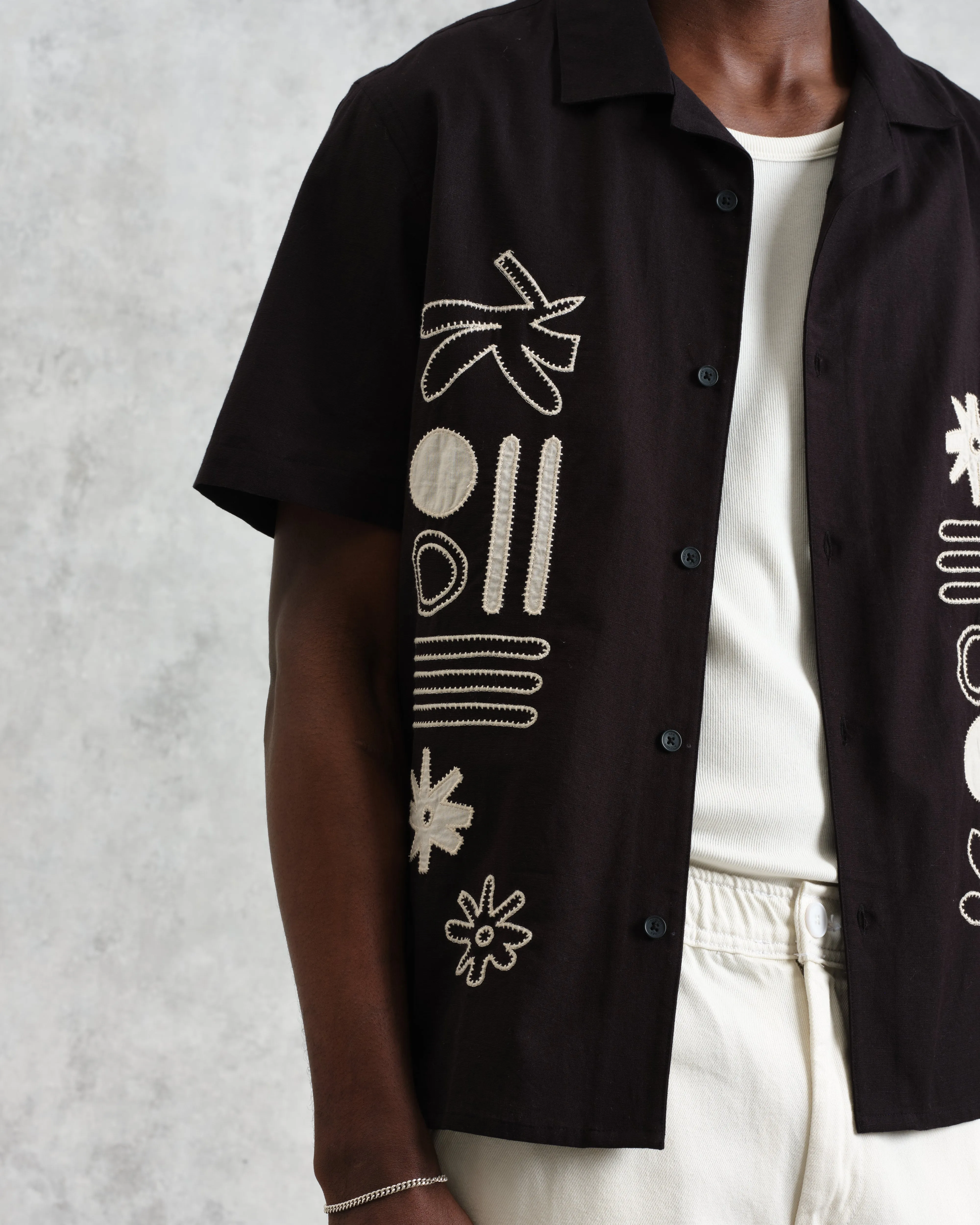 Didcot - Black And Ecru Abstract Applique Short-Sleeve Shirt sold by Wax London product image thumbnail 5