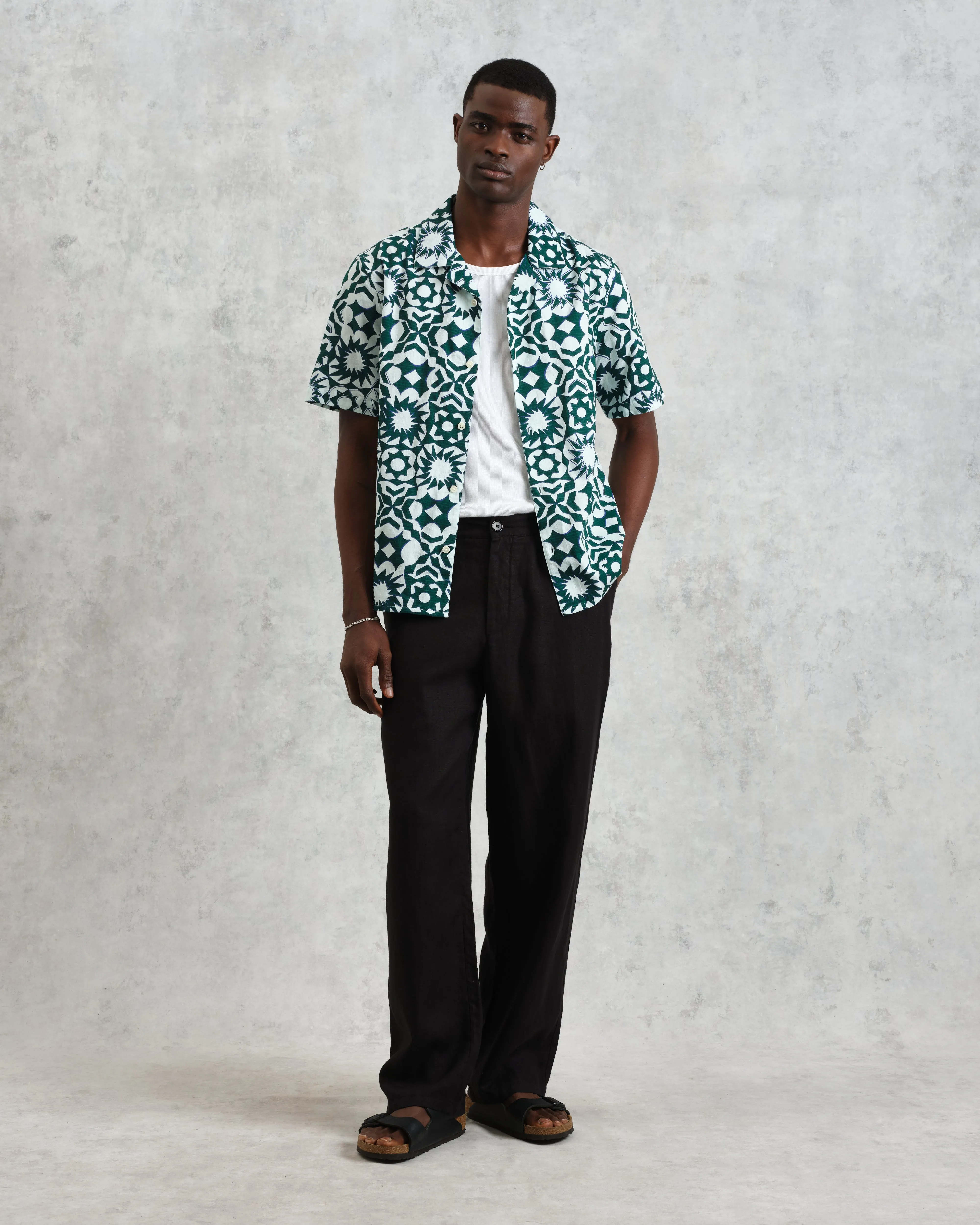 Didcot - Green And White Geometric Cotton Short-Sleeve Shirt sold by Wax London product image thumbnail 5