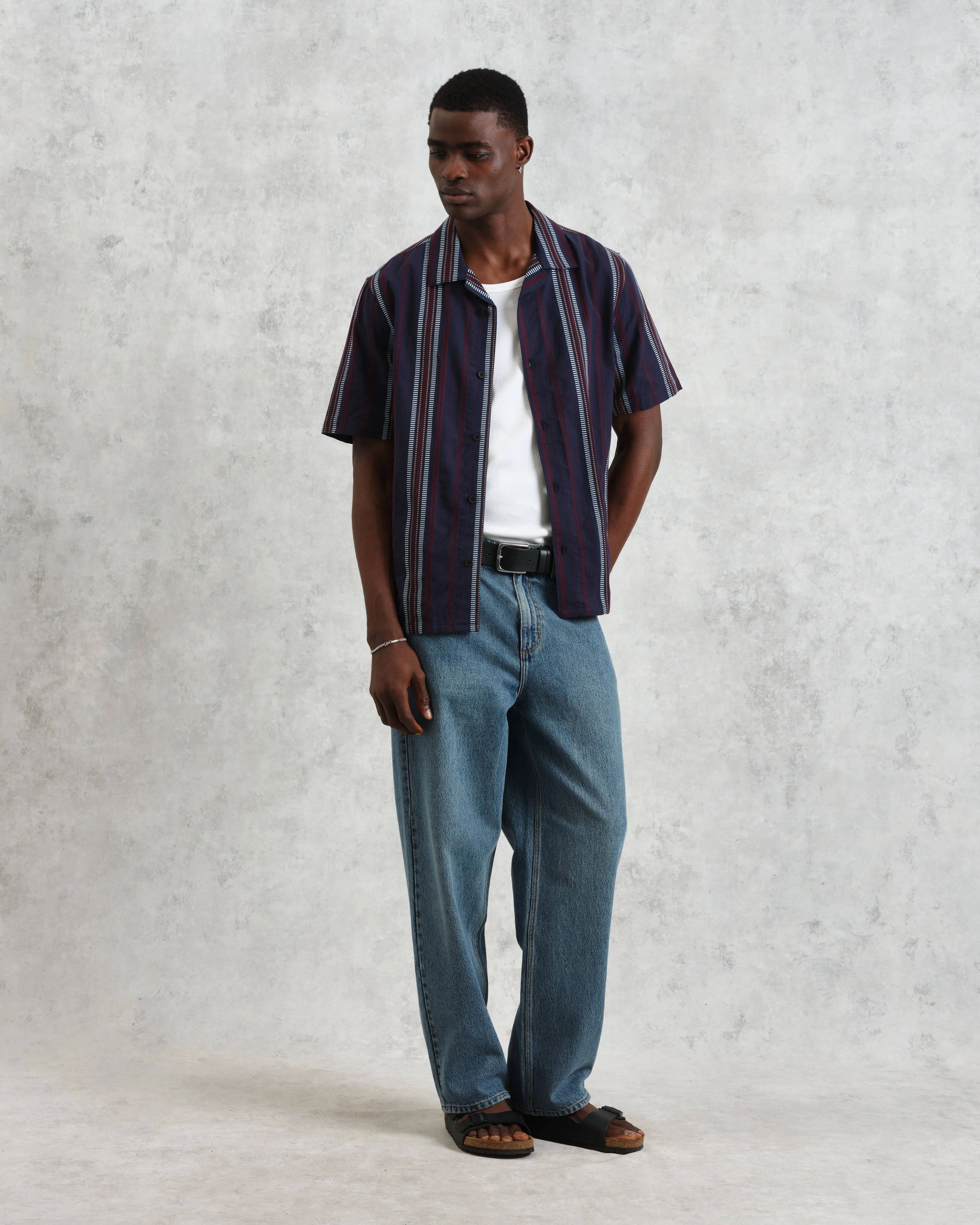 Didcot - Navy And Multicolour Stripe Dobby Cotton Short-Sleeve Shirt sold by Wax London product image thumbnail 5