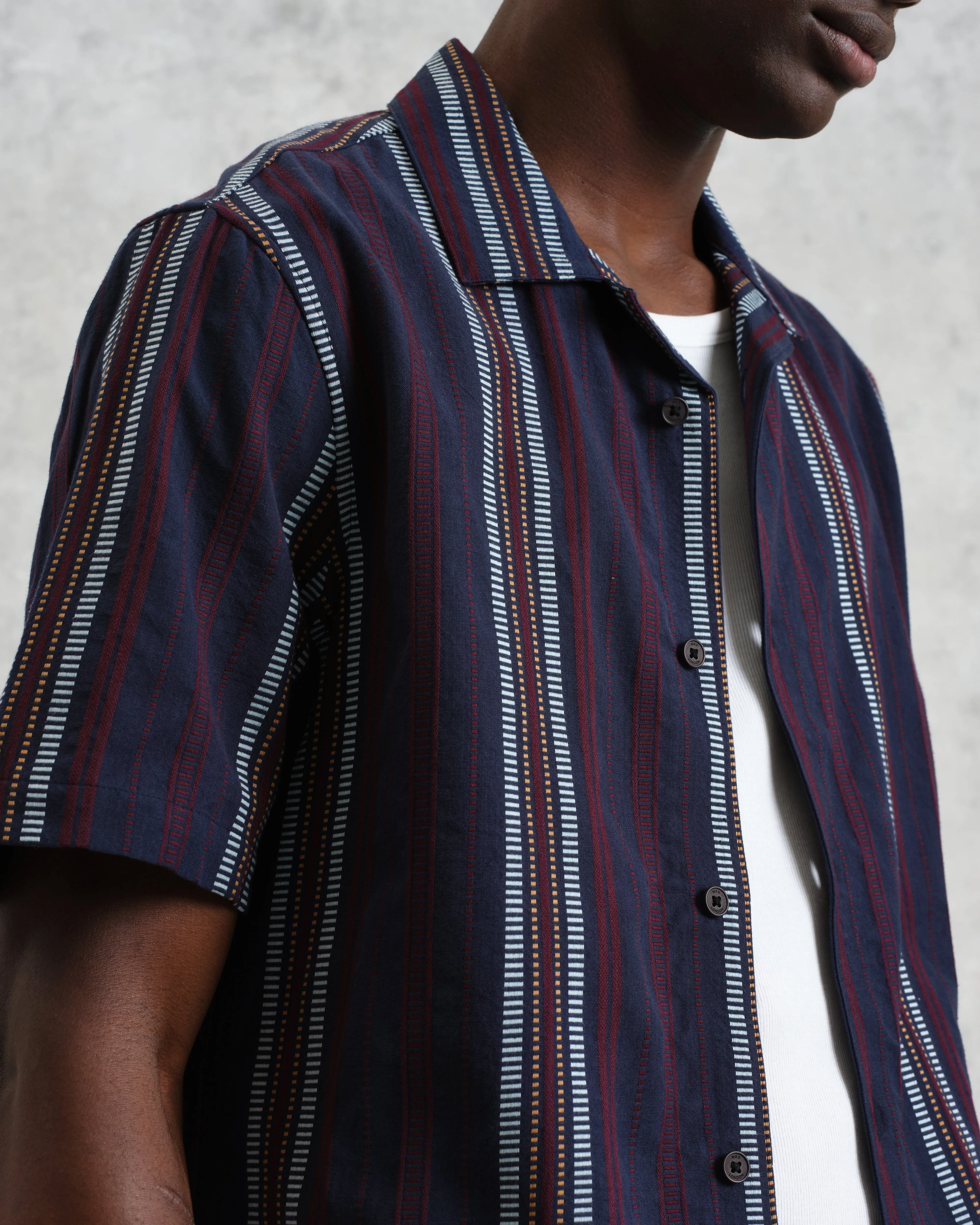 Didcot - Navy And Multicolour Stripe Dobby Cotton Short-Sleeve Shirt sold by Wax London product image thumbnail 4