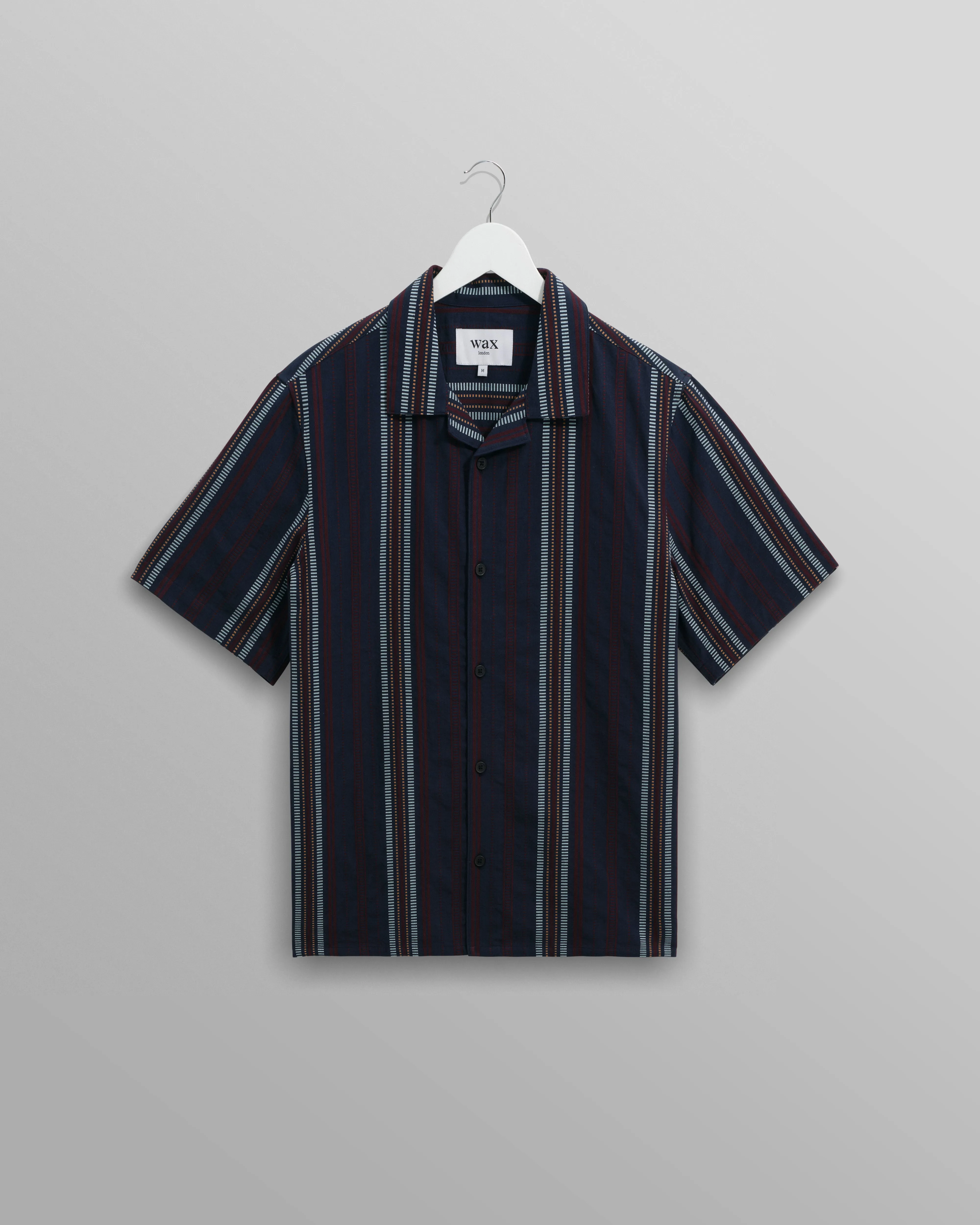 Didcot - Navy And Multicolour Stripe Dobby Cotton Short-Sleeve Shirt sold by Wax London