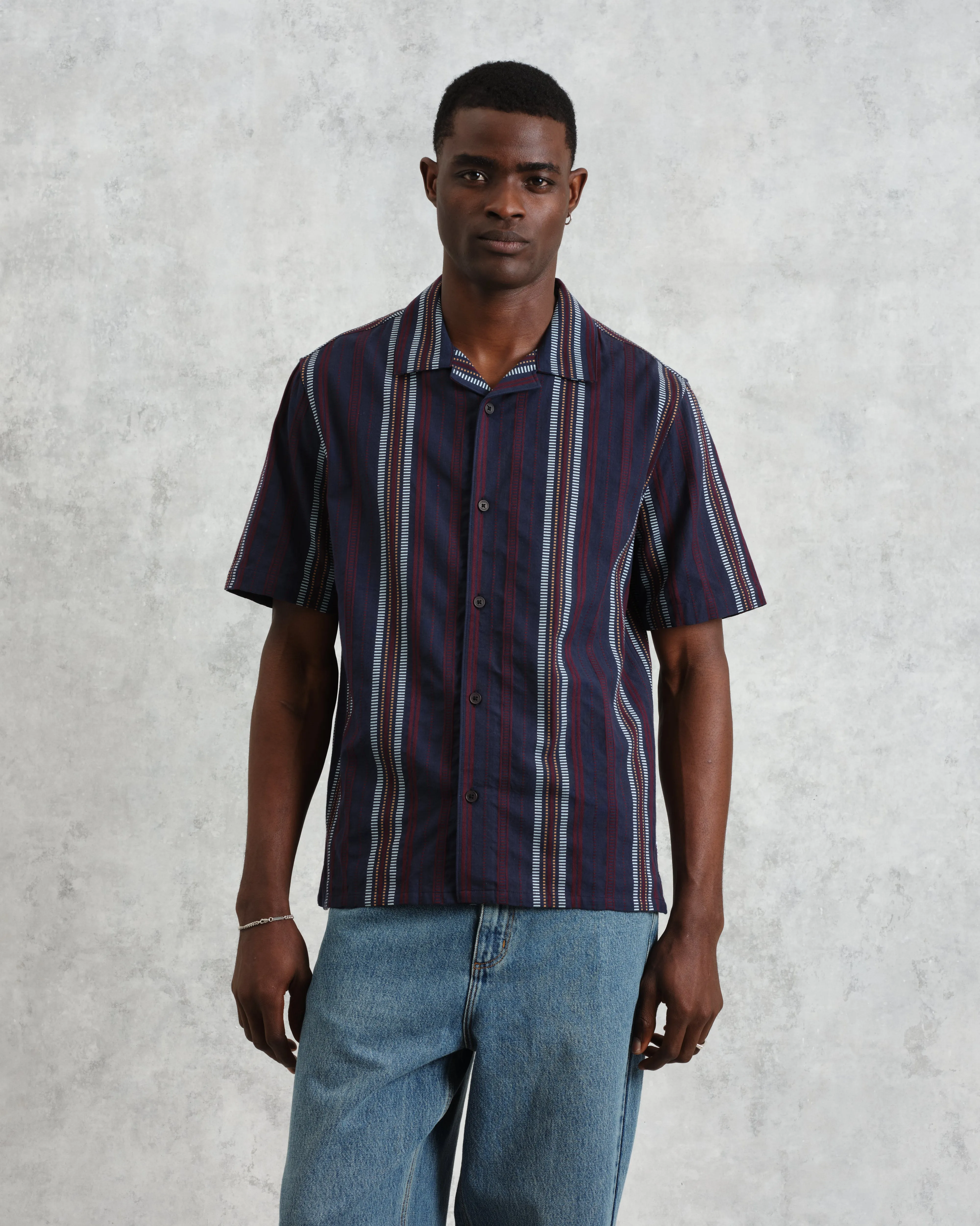 Didcot - Navy And Multicolour Stripe Dobby Cotton Short-Sleeve Shirt sold by Wax London product image thumbnail 2