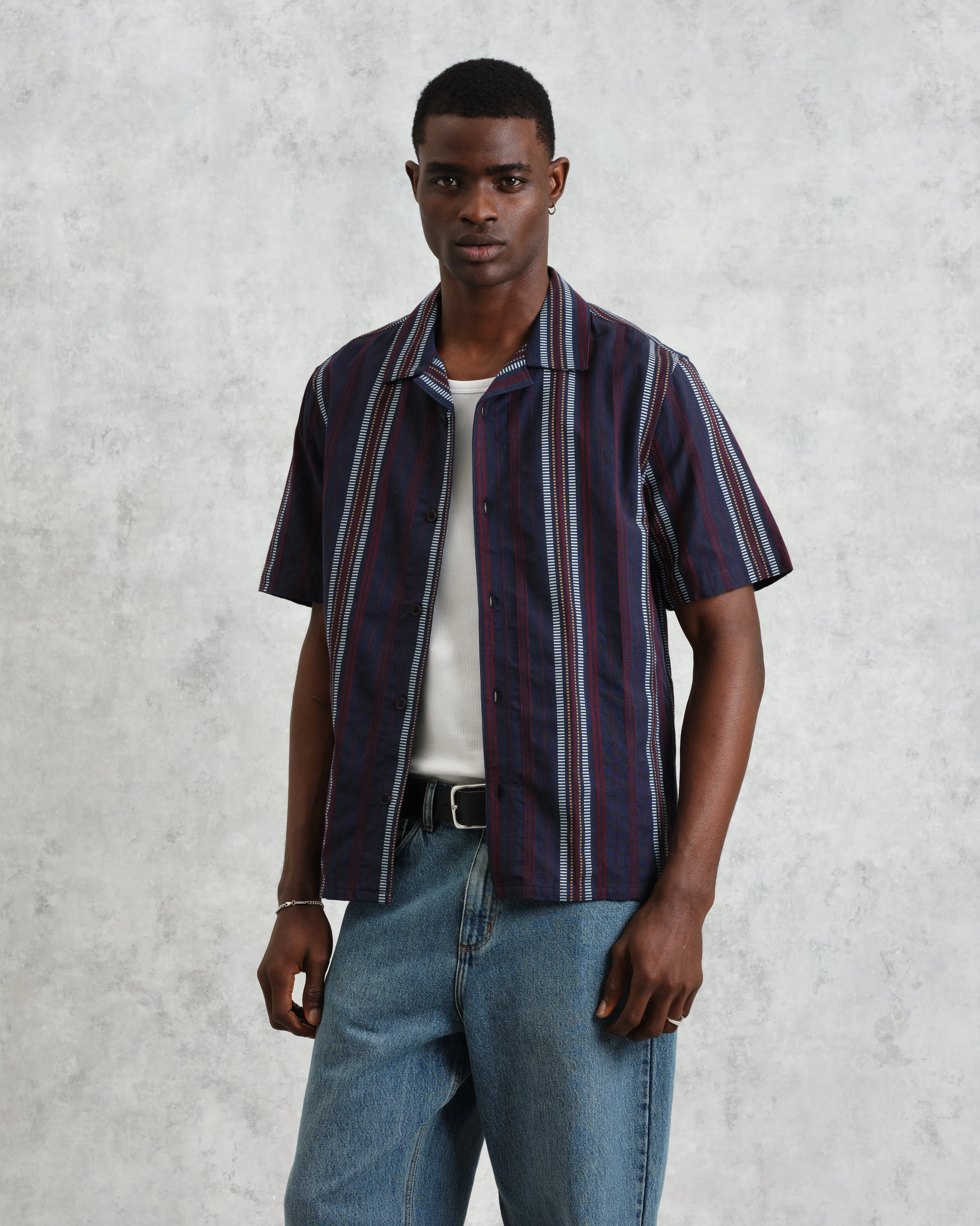 Didcot - Navy And Multicolour Stripe Dobby Cotton Short-Sleeve Shirt sold by Wax London product image thumbnail 3