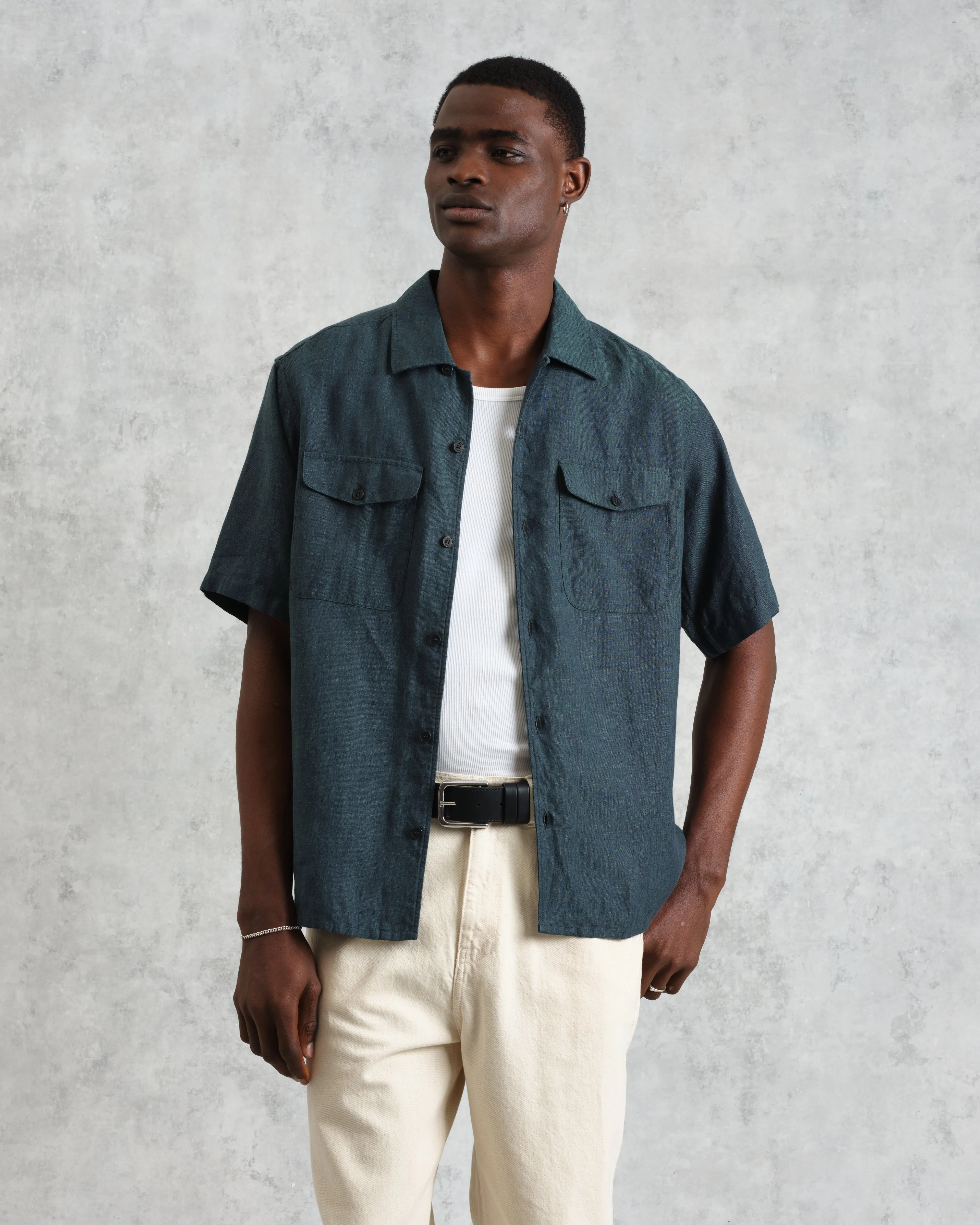 Bartlett - Dark Green Two-Tone Linen Short-Sleeve Shirt sold by Wax London product image thumbnail 2