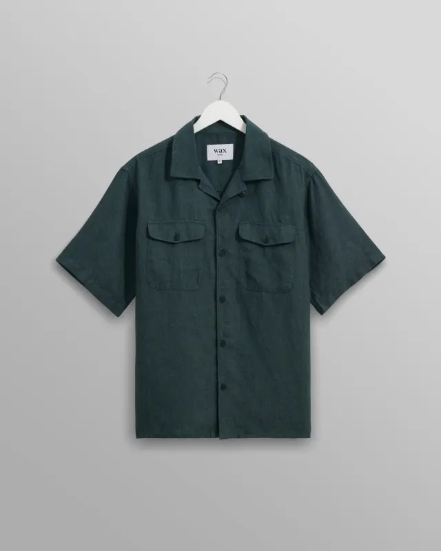 Bartlett - Dark Green Two-Tone Linen Short-Sleeve Shirt sold by Wax London