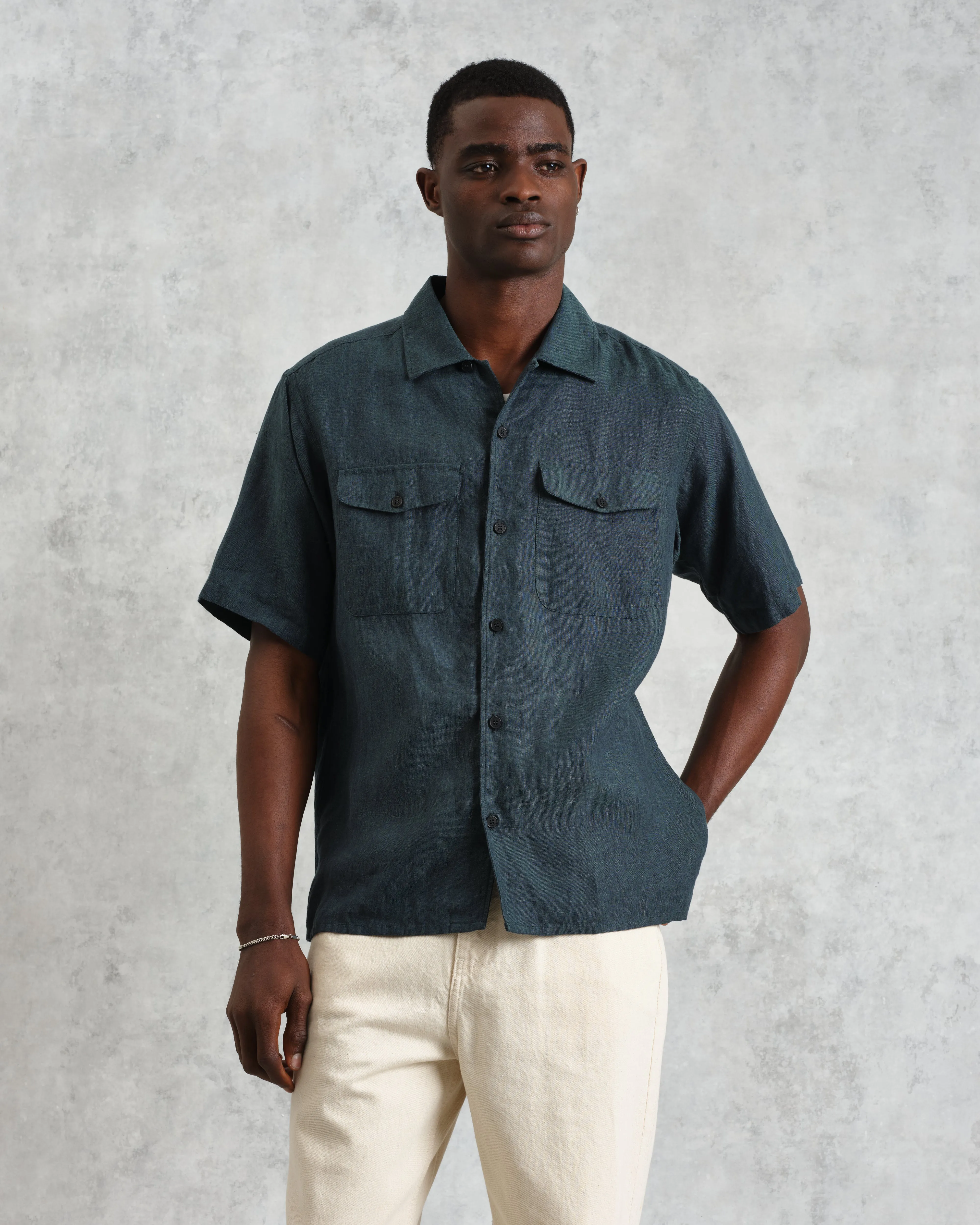 Bartlett - Dark Green Two-Tone Linen Short-Sleeve Shirt sold by Wax London product image thumbnail 3