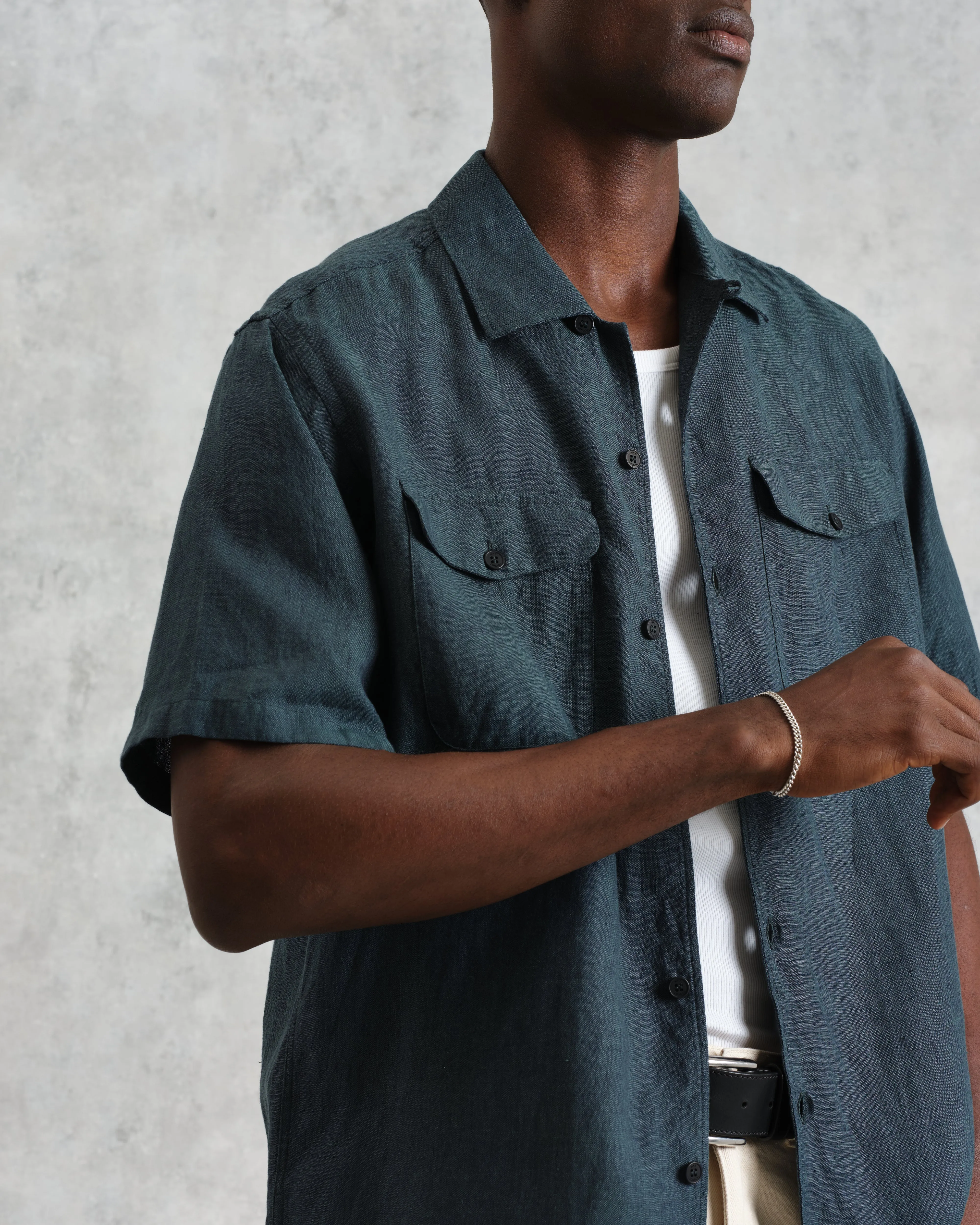 Bartlett - Dark Green Two-Tone Linen Short-Sleeve Shirt sold by Wax London product image thumbnail 4