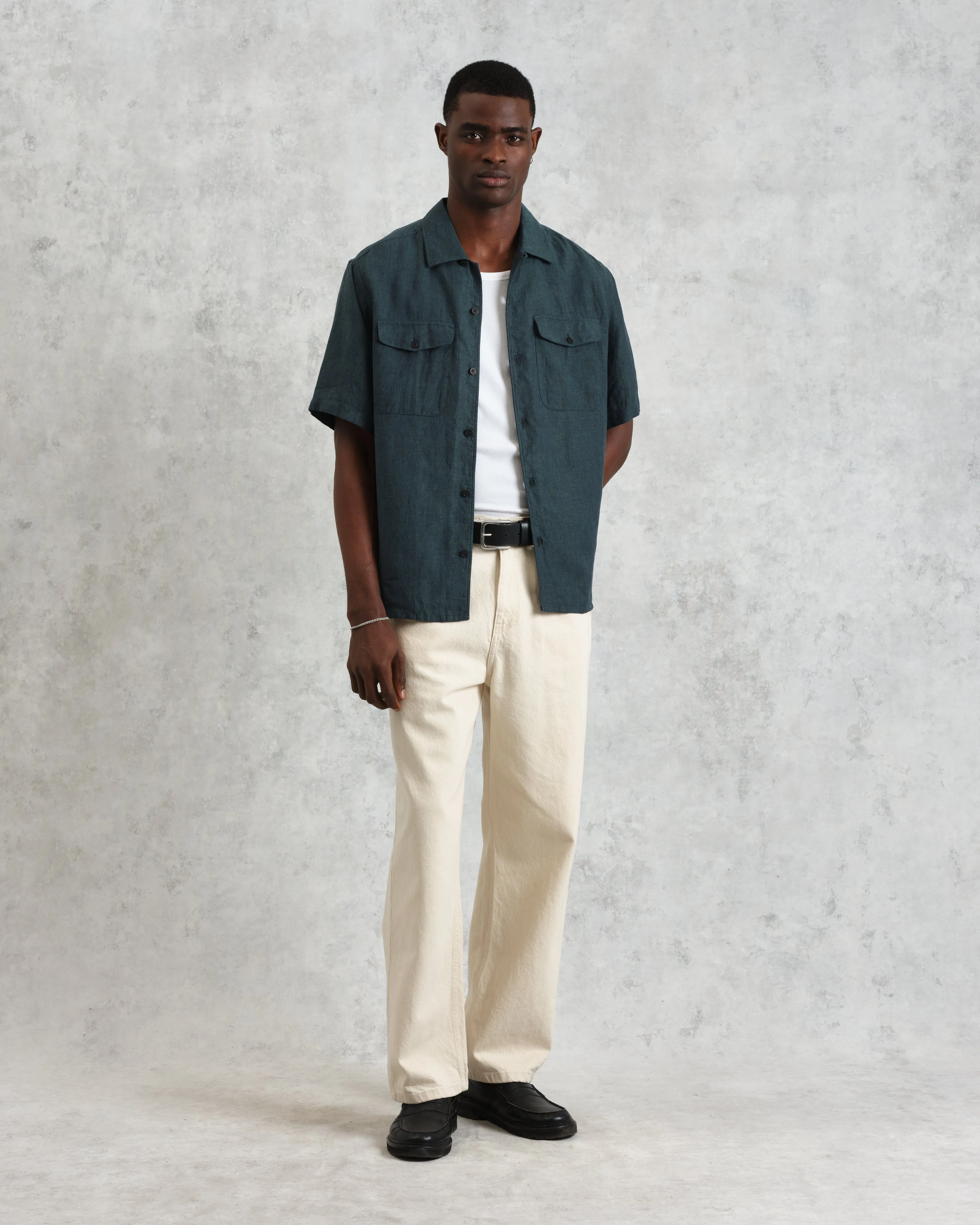 Bartlett - Dark Green Two-Tone Linen Short-Sleeve Shirt sold by Wax London product image thumbnail 5