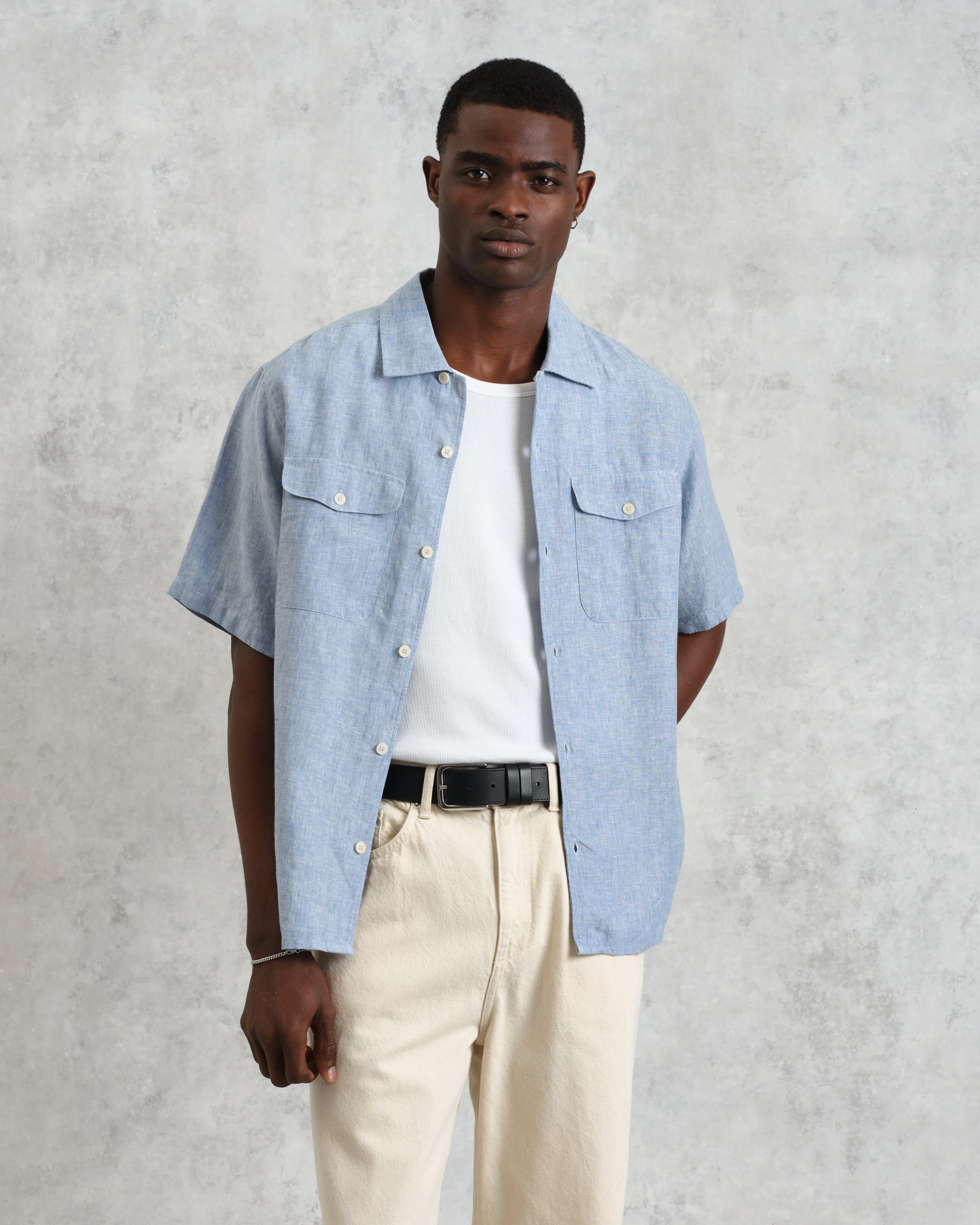 Bartlett - Blue Two-Tone Linen Short-Sleeve Shirt sold by Wax London product image thumbnail 3