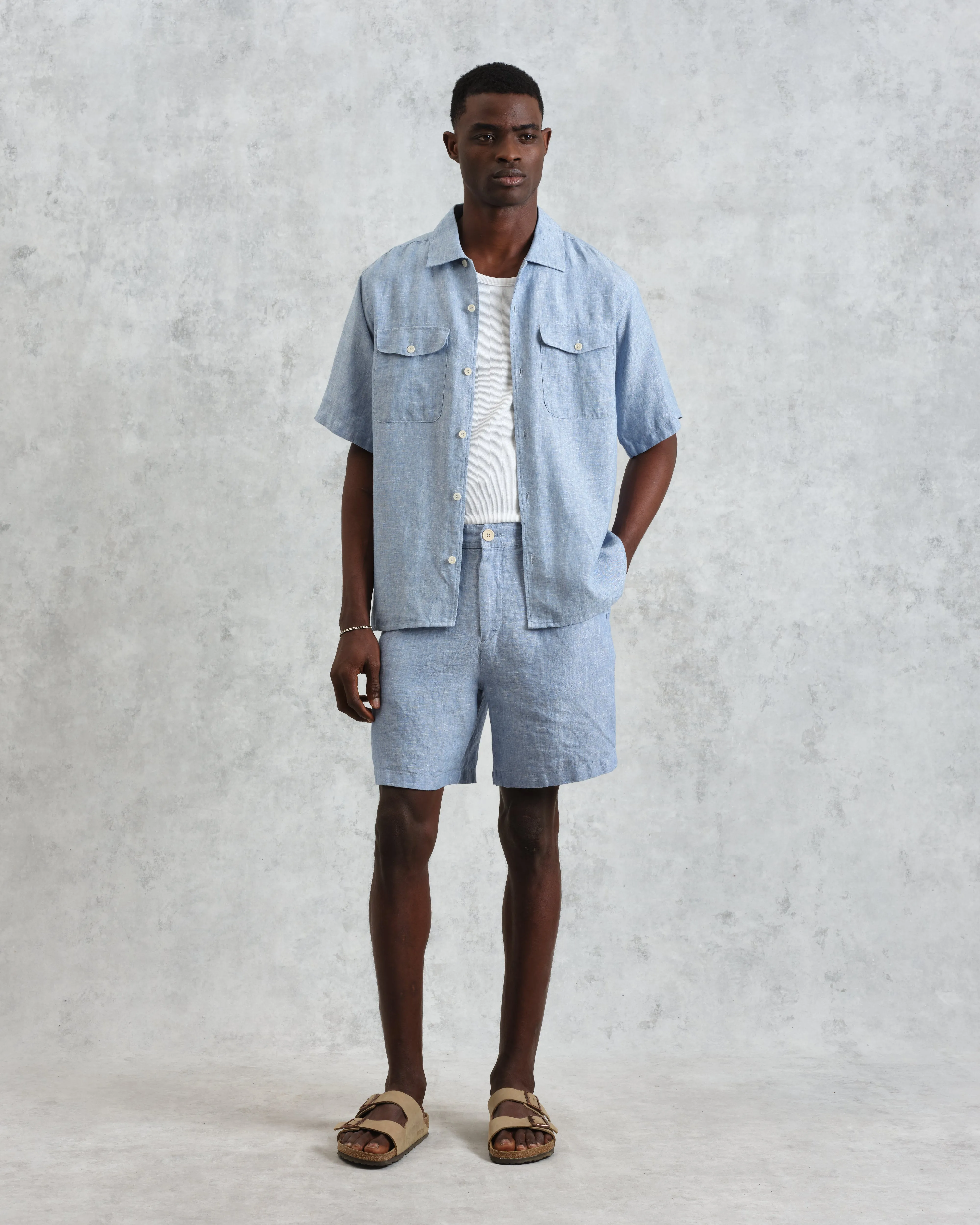 Bartlett - Blue Two-Tone Linen Short-Sleeve Shirt sold by Wax London product image thumbnail 5