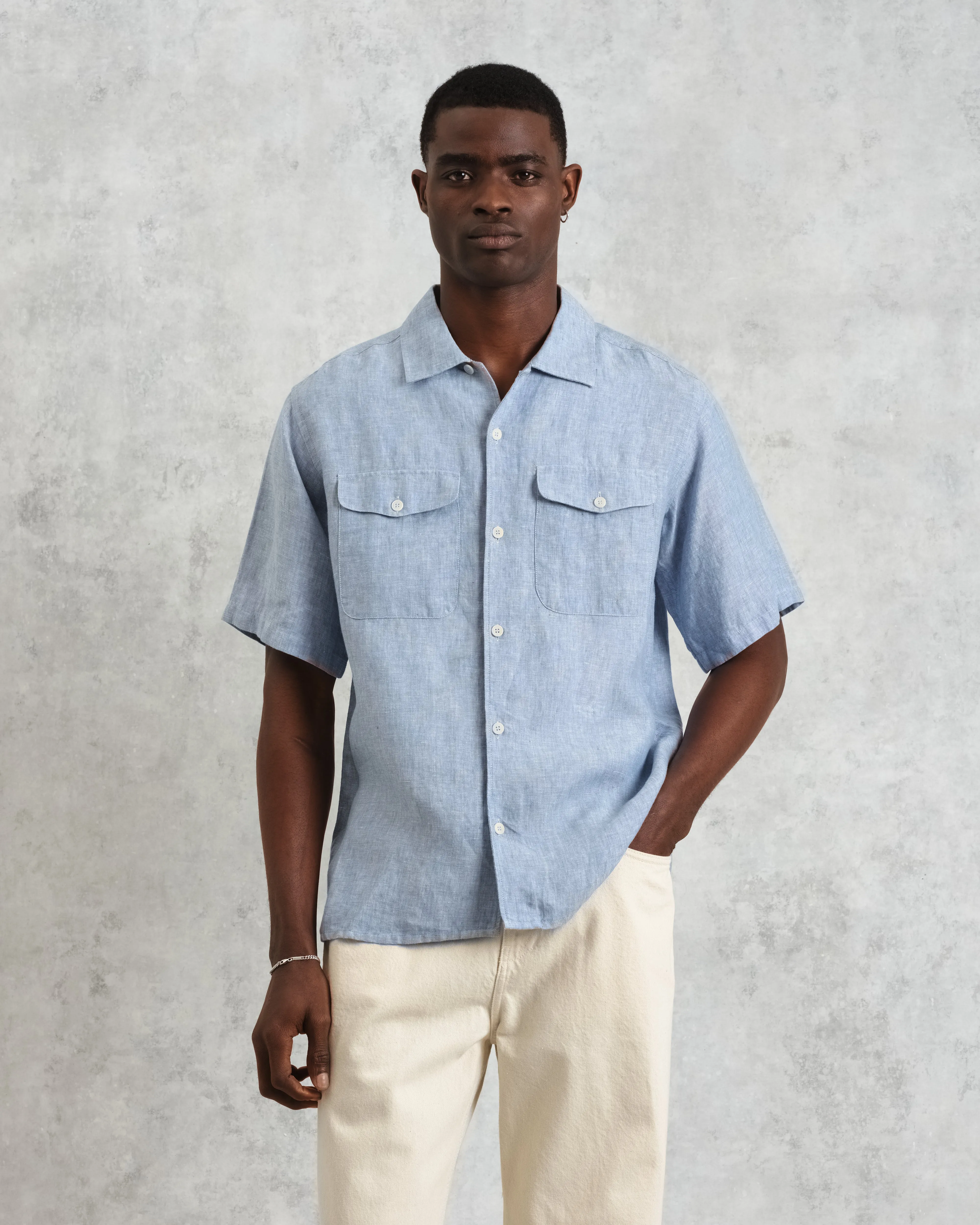 Bartlett - Blue Two-Tone Linen Short-Sleeve Shirt sold by Wax London product image thumbnail 2