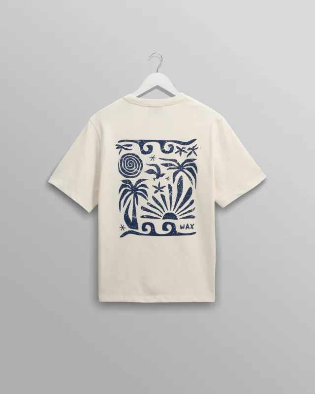 Dean - Ecru And Blue Doodle Scene Graphic Cotton T-Shirt sold by Wax London