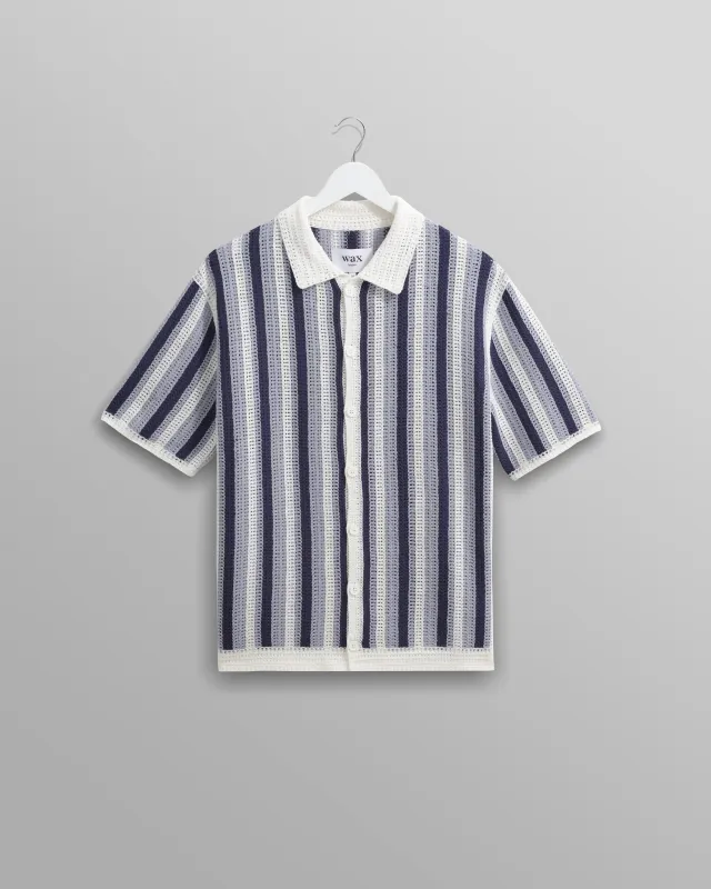 Porto - Blue And Ecru Stripe Crochet Knitted Polo Shirt sold by Wax London