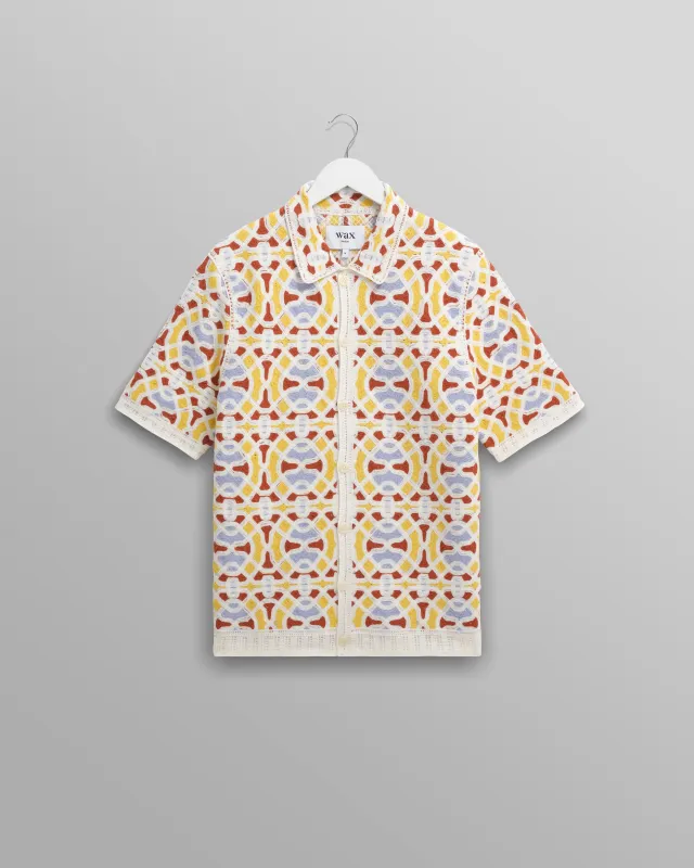 Dorset - Ecru And Multicolour Crochet Knitted Polo Shirt sold by Wax London