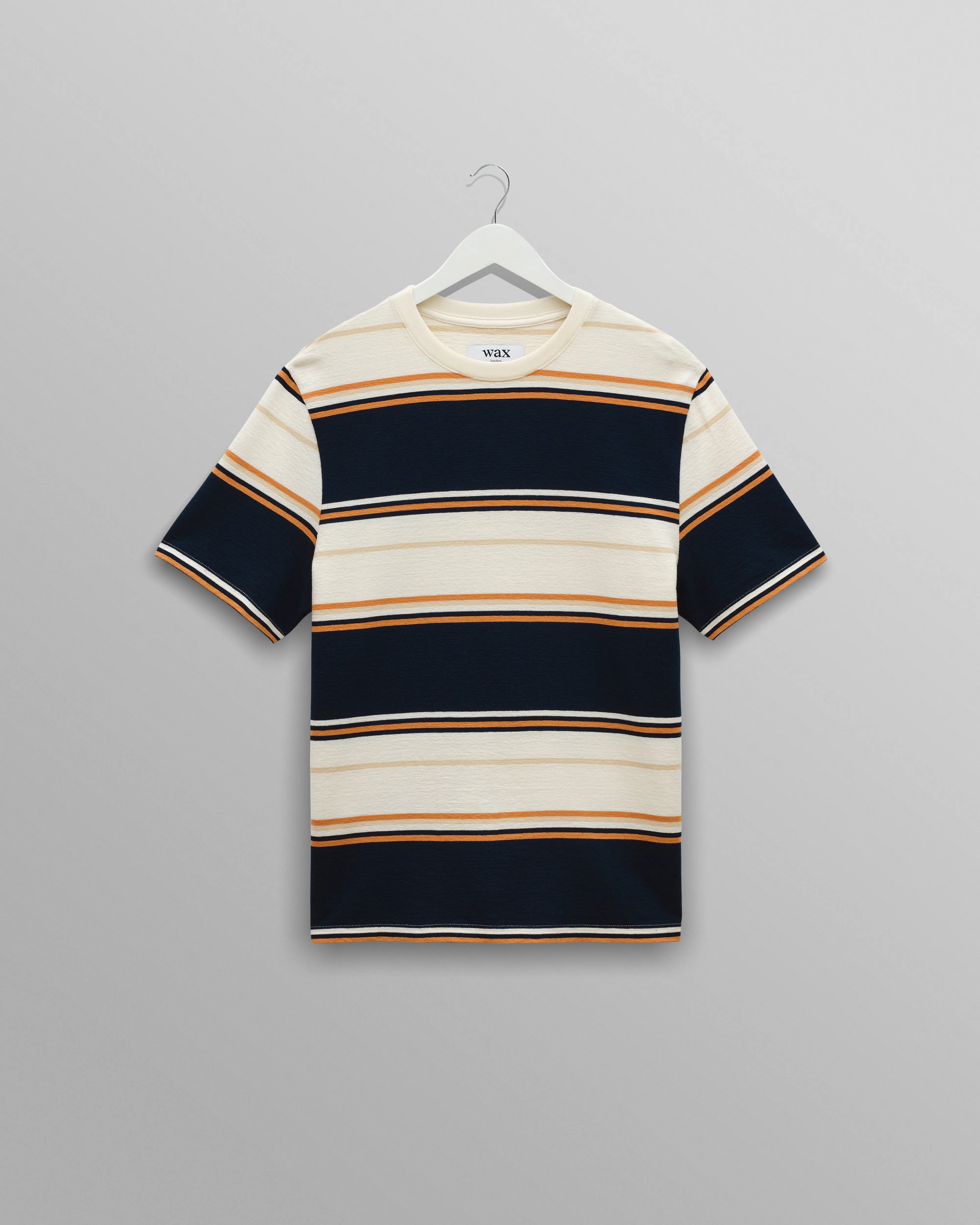 Dean - Navy And Ecru Stripe Textured Organic Cotton T-Shirt sold by Wax London